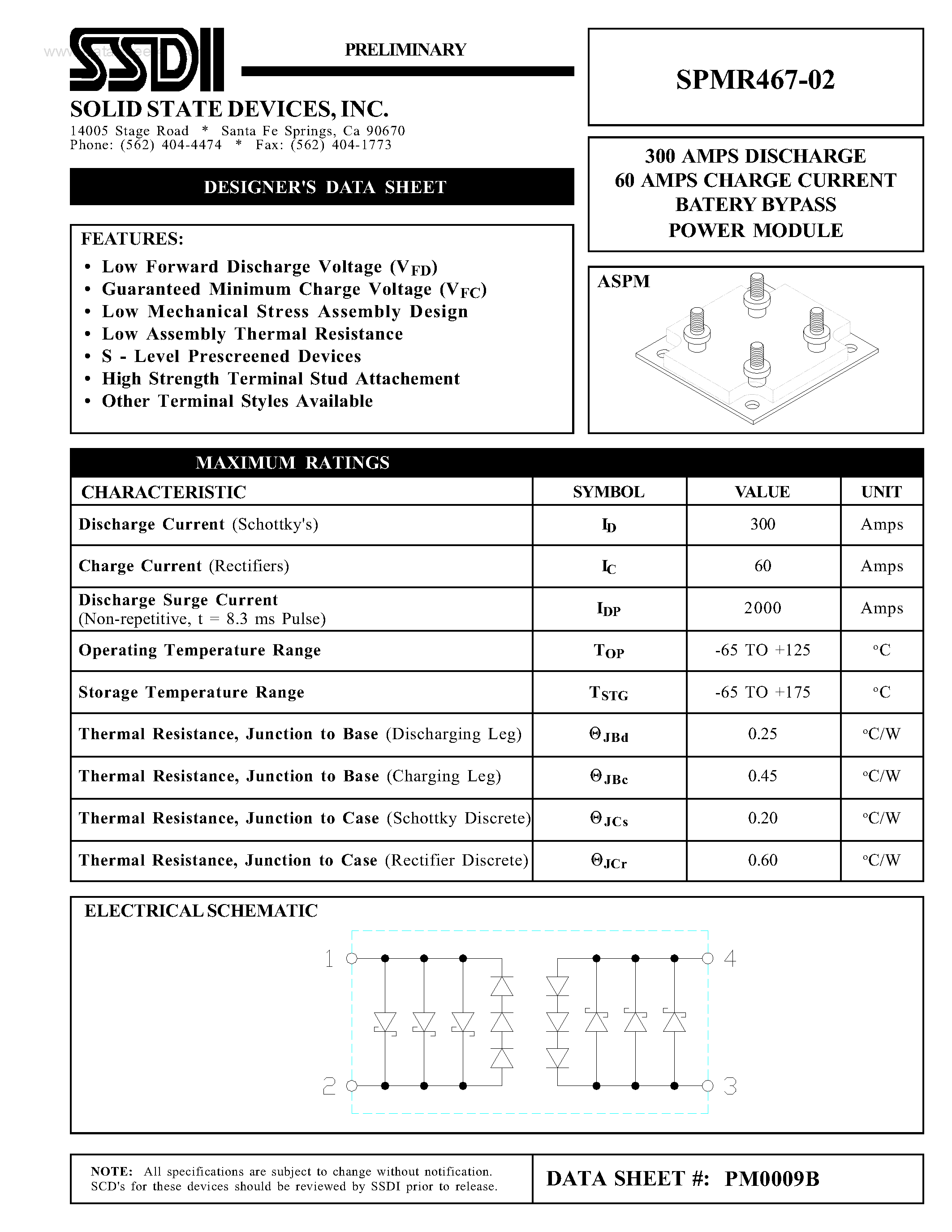 Datasheet SPMR467-02 - DISCHARGE 60 AMPS CHARGE CURRENT BATERY BYPASS POWER MODULE page 1