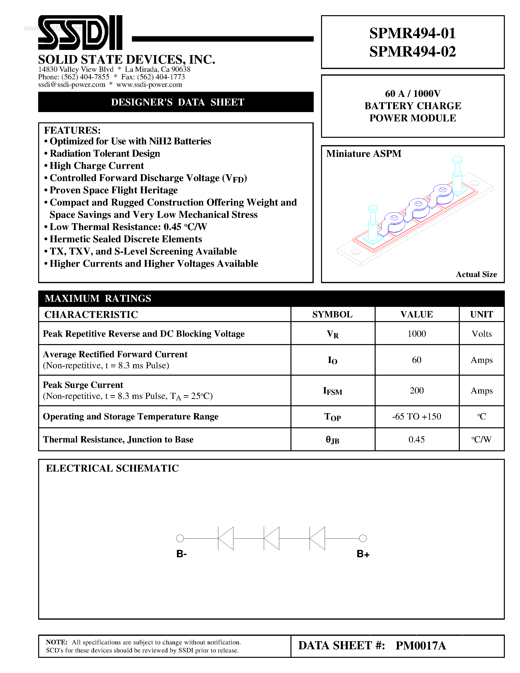 Datasheet SPMR494-01 - (SPMR494-01/-02) BATTERY CHARGE POWER MODULE page 1