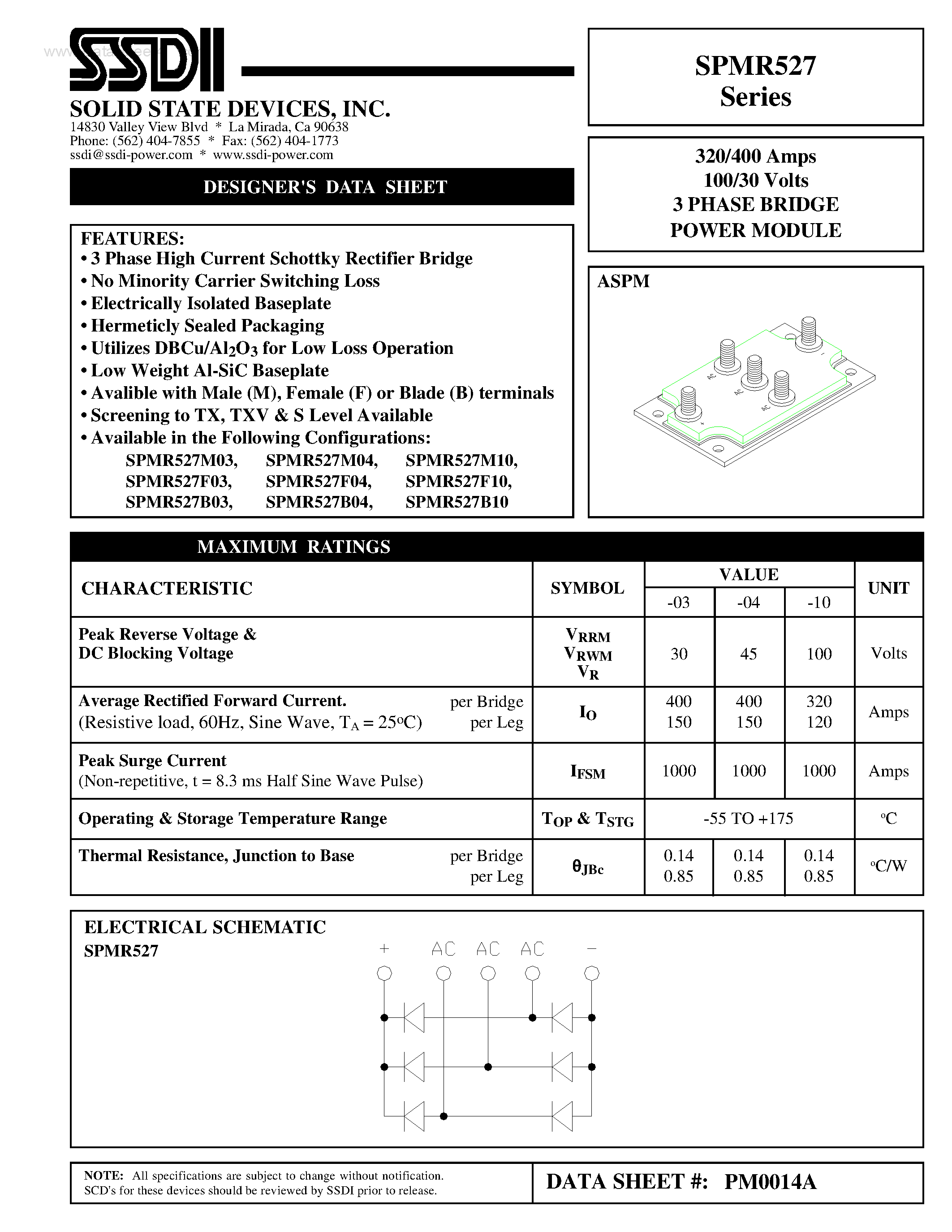Datasheet SPMR527 - 3 PHASE BRIDGE POWER MODULE page 1