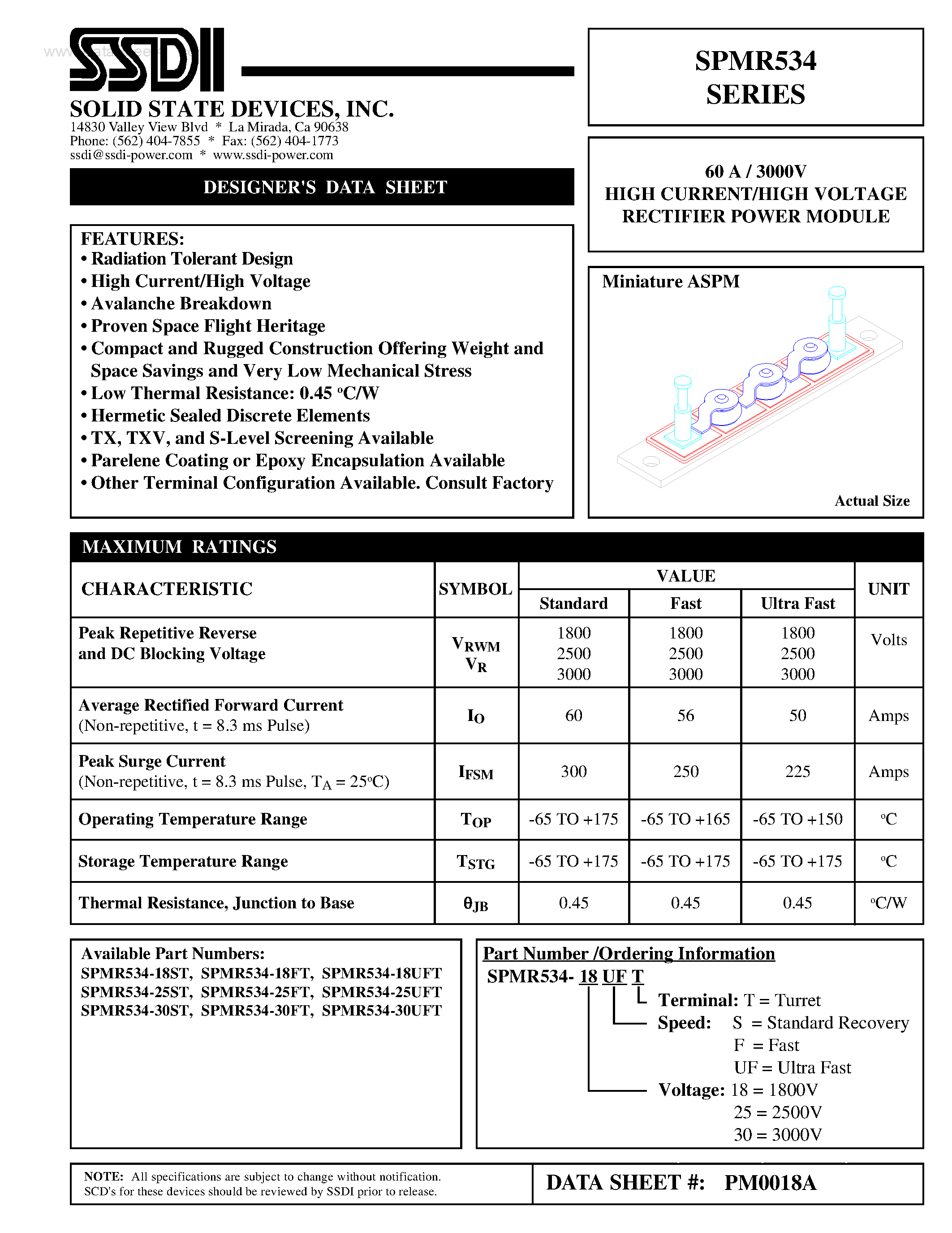 Datasheet SPMR534 page 1 Datasheet SPMR534 - HIGH CURRENT/HIGH VOLTAGE RECTIFIER POWER MODULE page 1