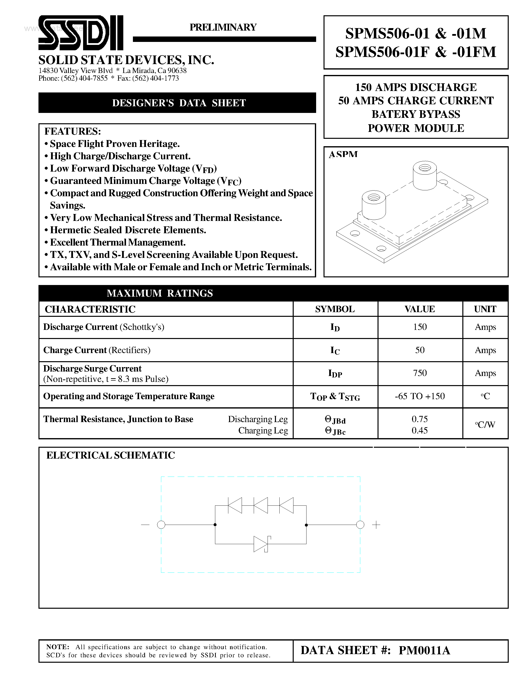 Datasheet SPMS506-01 - (SPMS506-01xx) DISCHARGE 50 AMPS CHARGE CURRENT BATERY BYPASS POWER MODULE page 1