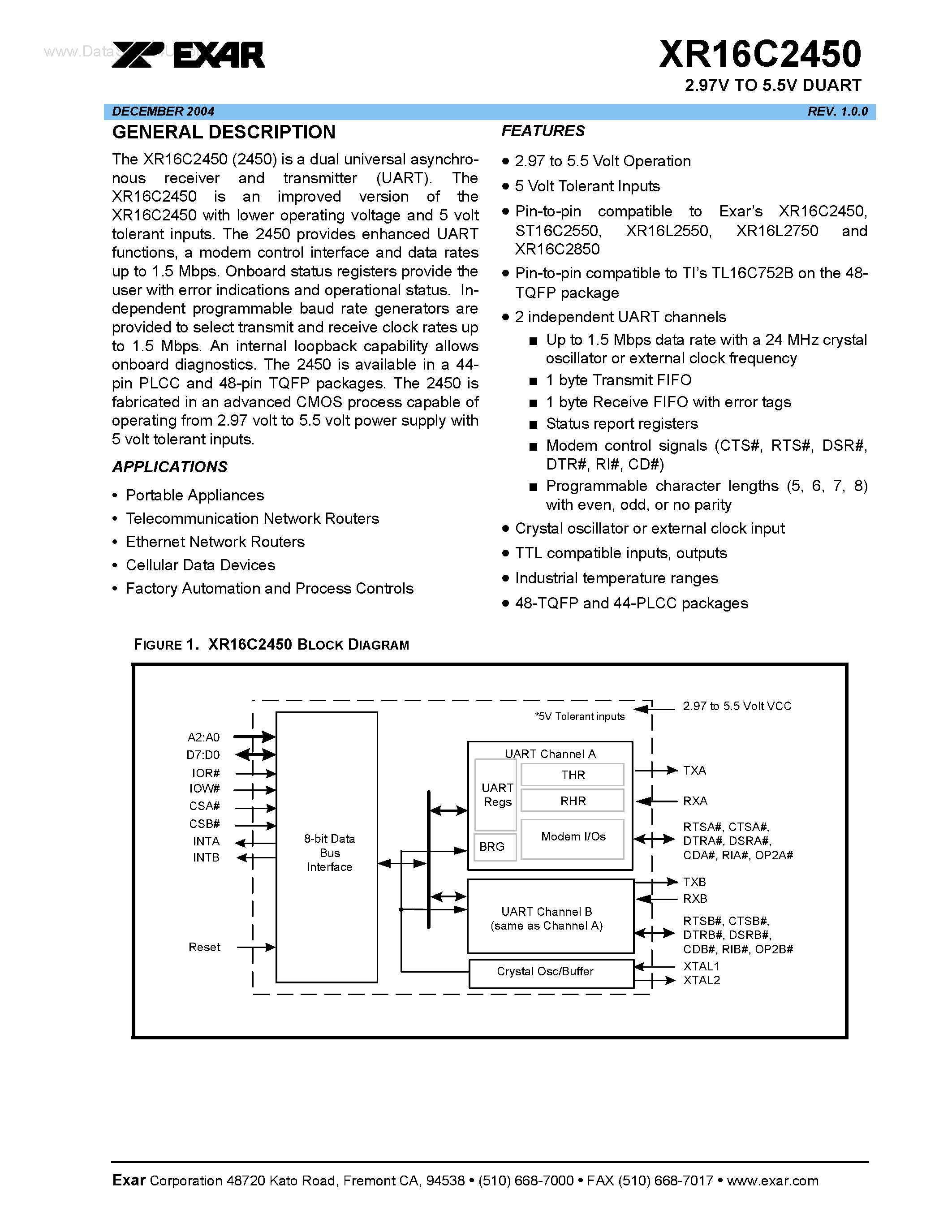 Datasheet XR16C2450 - 2.97V TO 5.5V DUART page 1