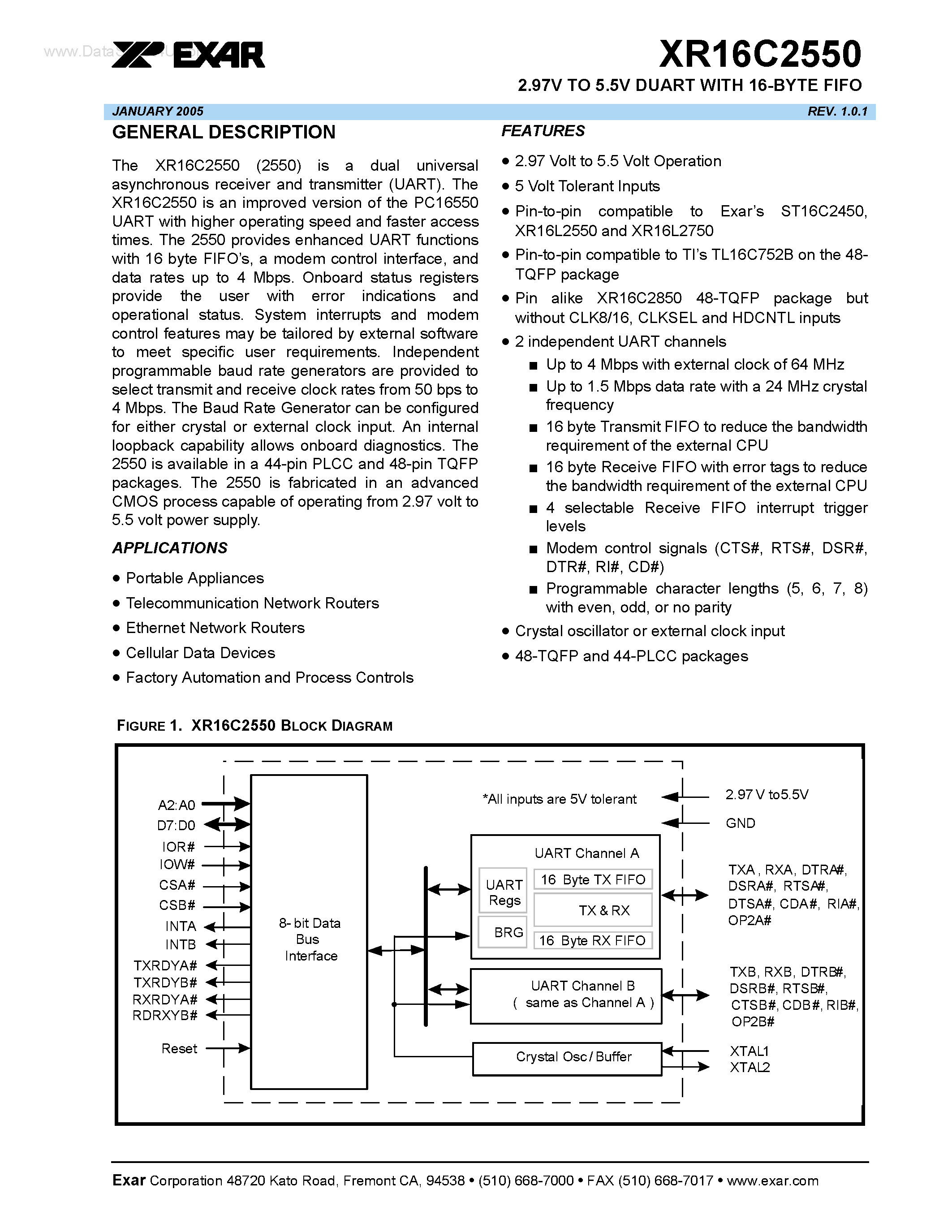 Datasheet XR16C2550 - 2.97V TO 5.5V DUART page 1