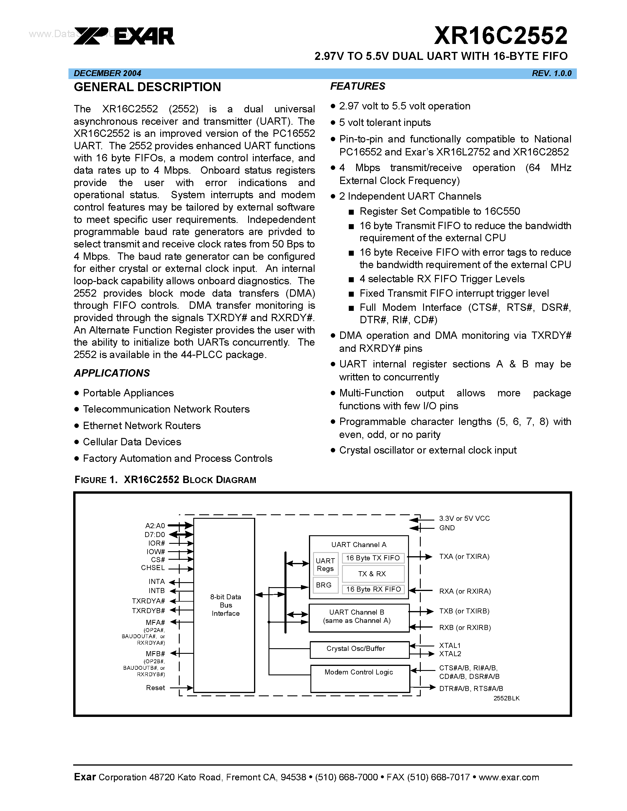 Datasheet XR16C2552 page 1 Datasheet XR16C2552 - 2.97V TO 5.5V DUAL UART page 1