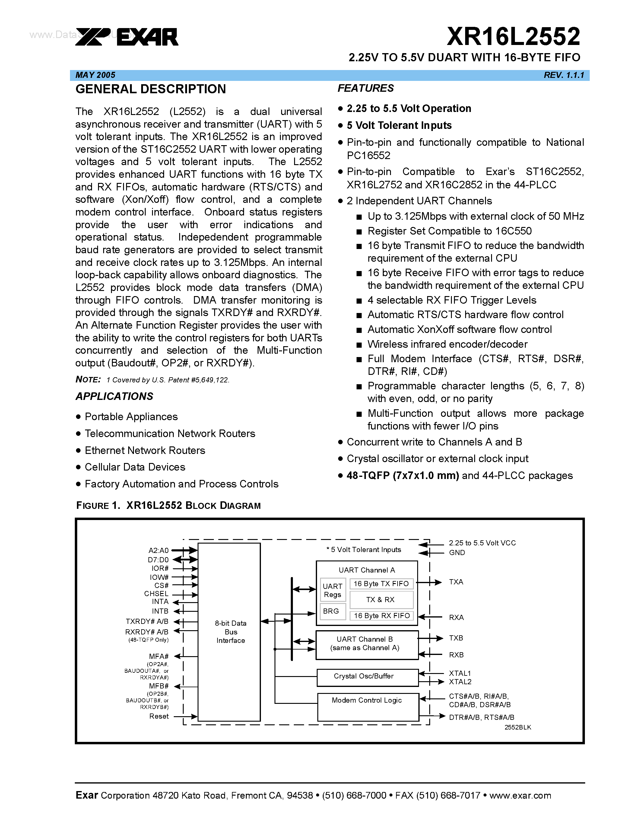 Datasheet XR16L2552 page 1 Datasheet XR16L2552 - 2.25V TO 5.5V DUART page 1