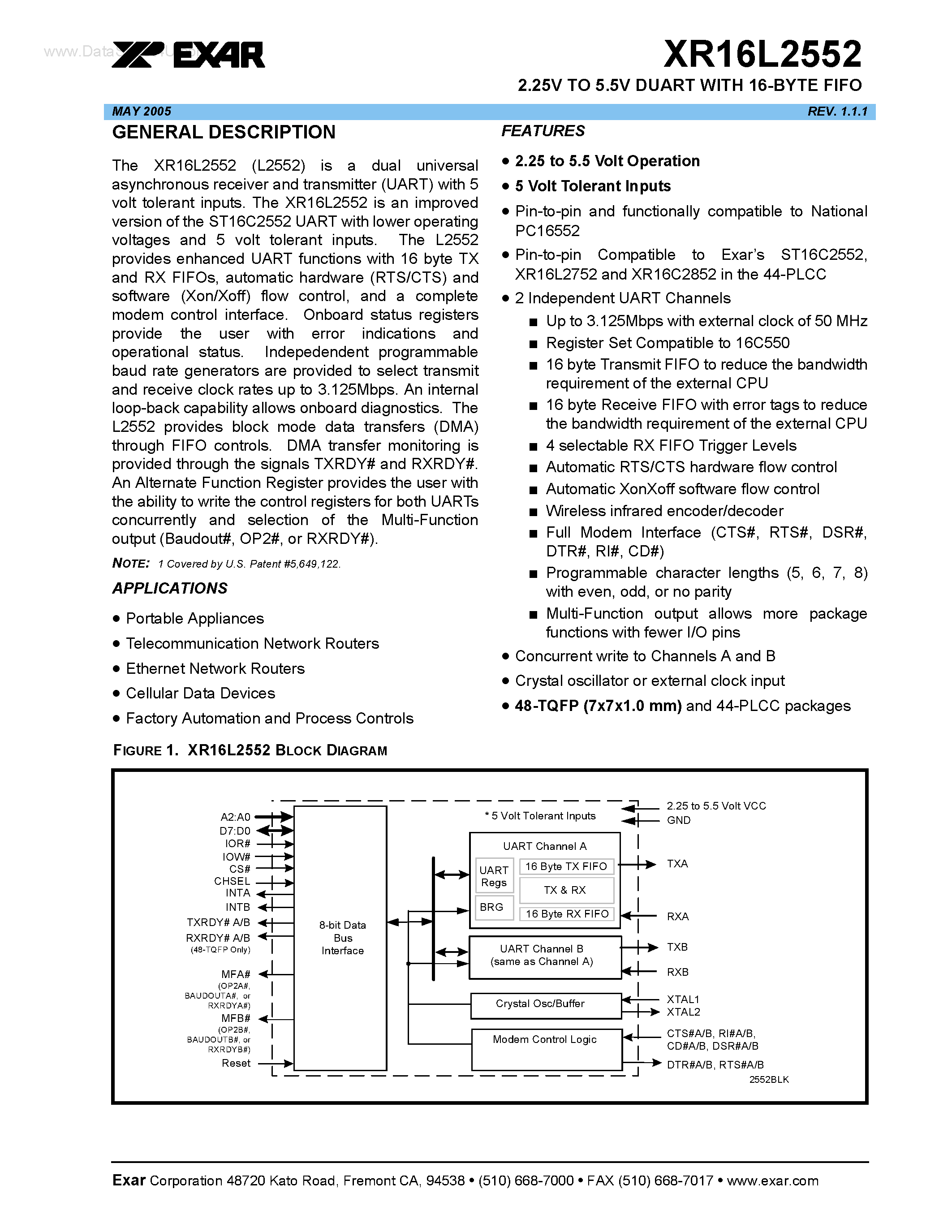Datasheet XR16L2552 - 2.25V TO 5.5V DUART page 1