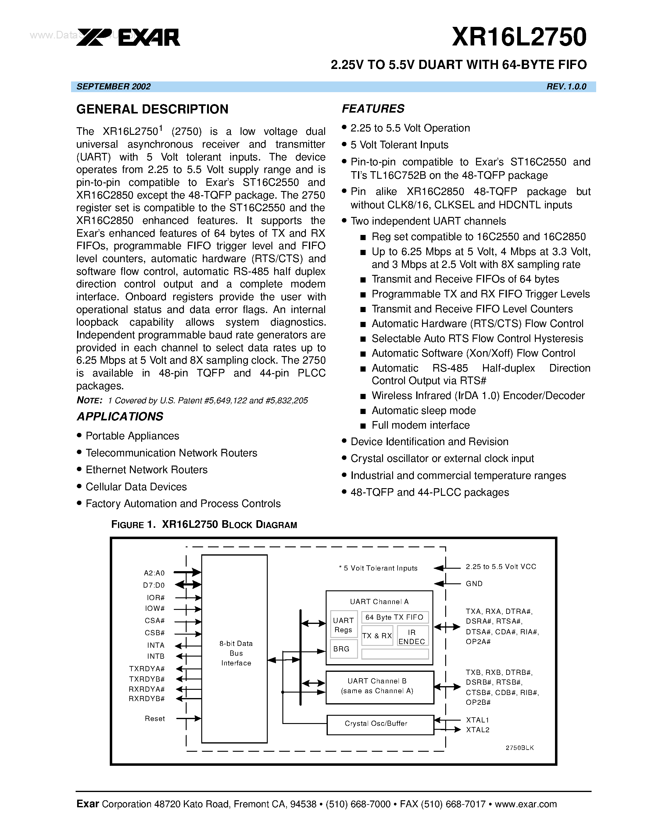 Datasheet XR16L2750 - 2.25V TO 5.5V DUART page 1