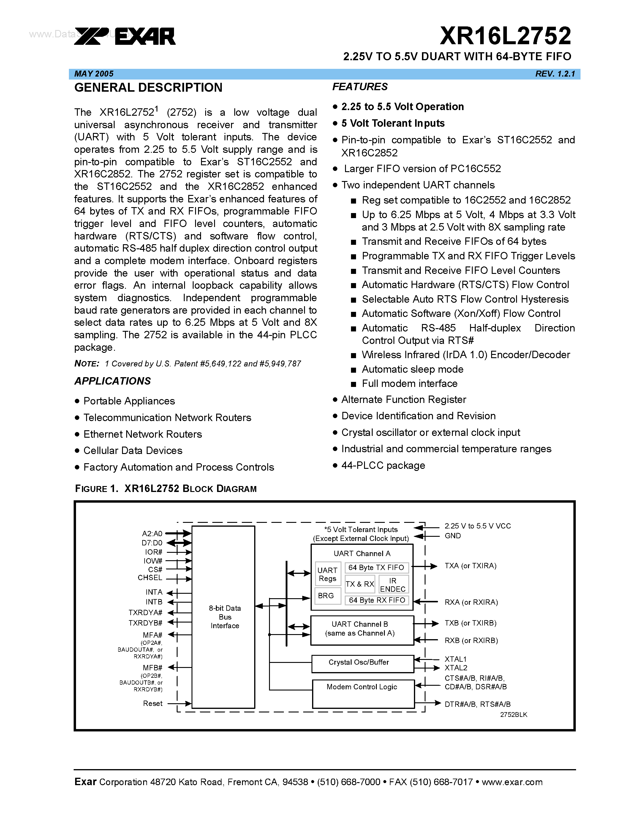 Datasheet XR16L2752 - 2.25V TO 5.5V DUART page 1