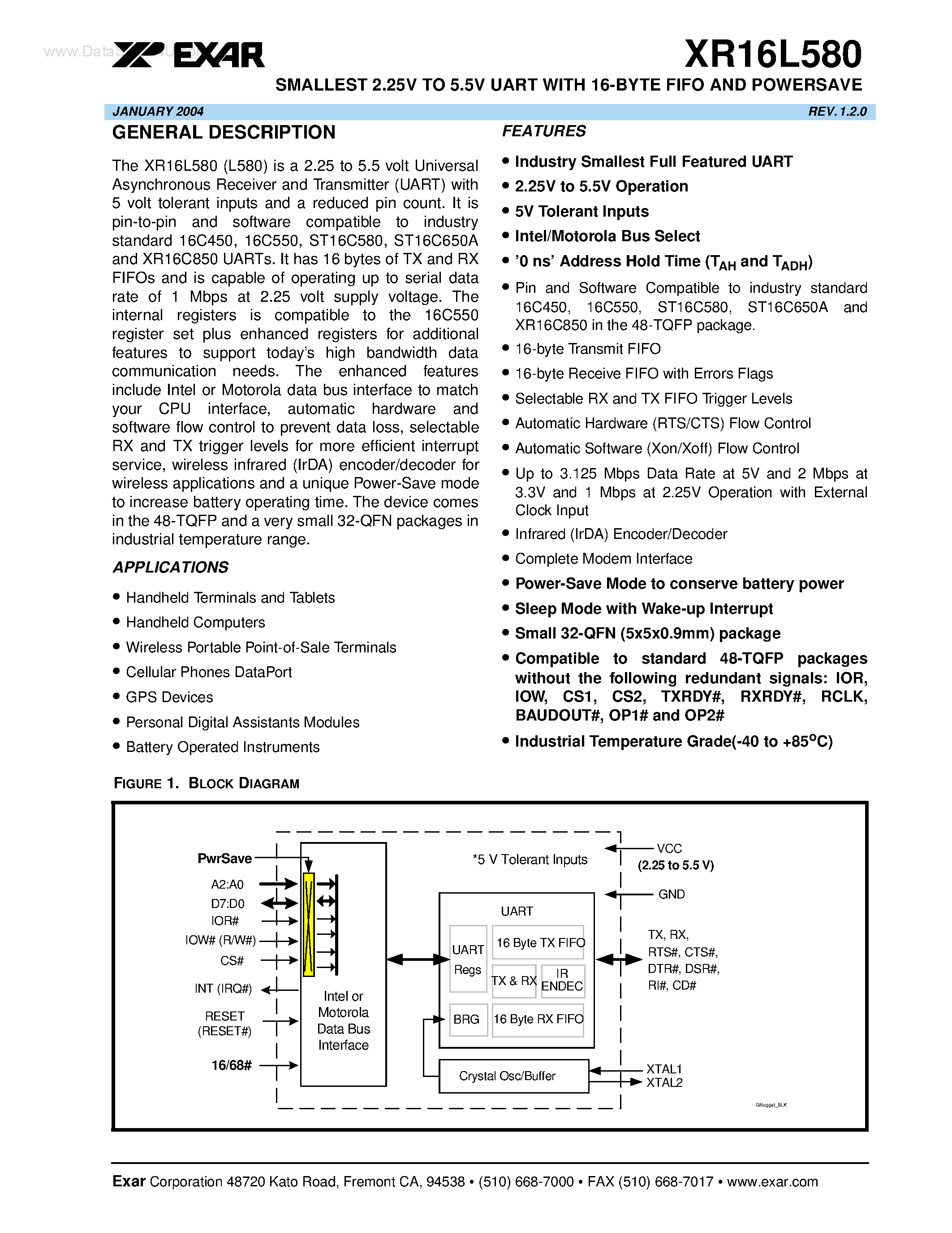 Datasheet XR16L580 - SMALLEST 2.25V TO 5.5V UART page 1