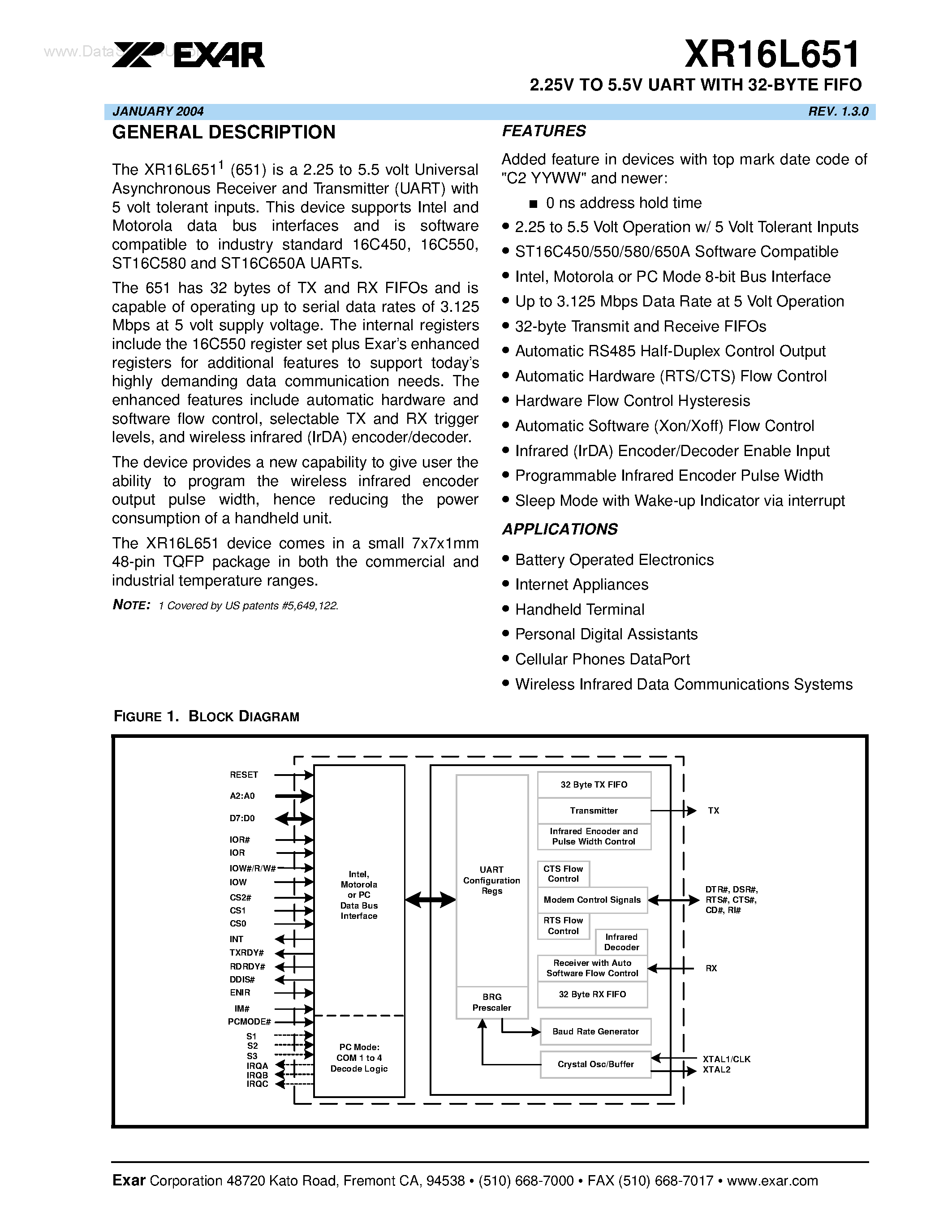 Datasheet XR16L651 page 1 Datasheet XR16L651 - 2.25V TO 5.5V UART page 1