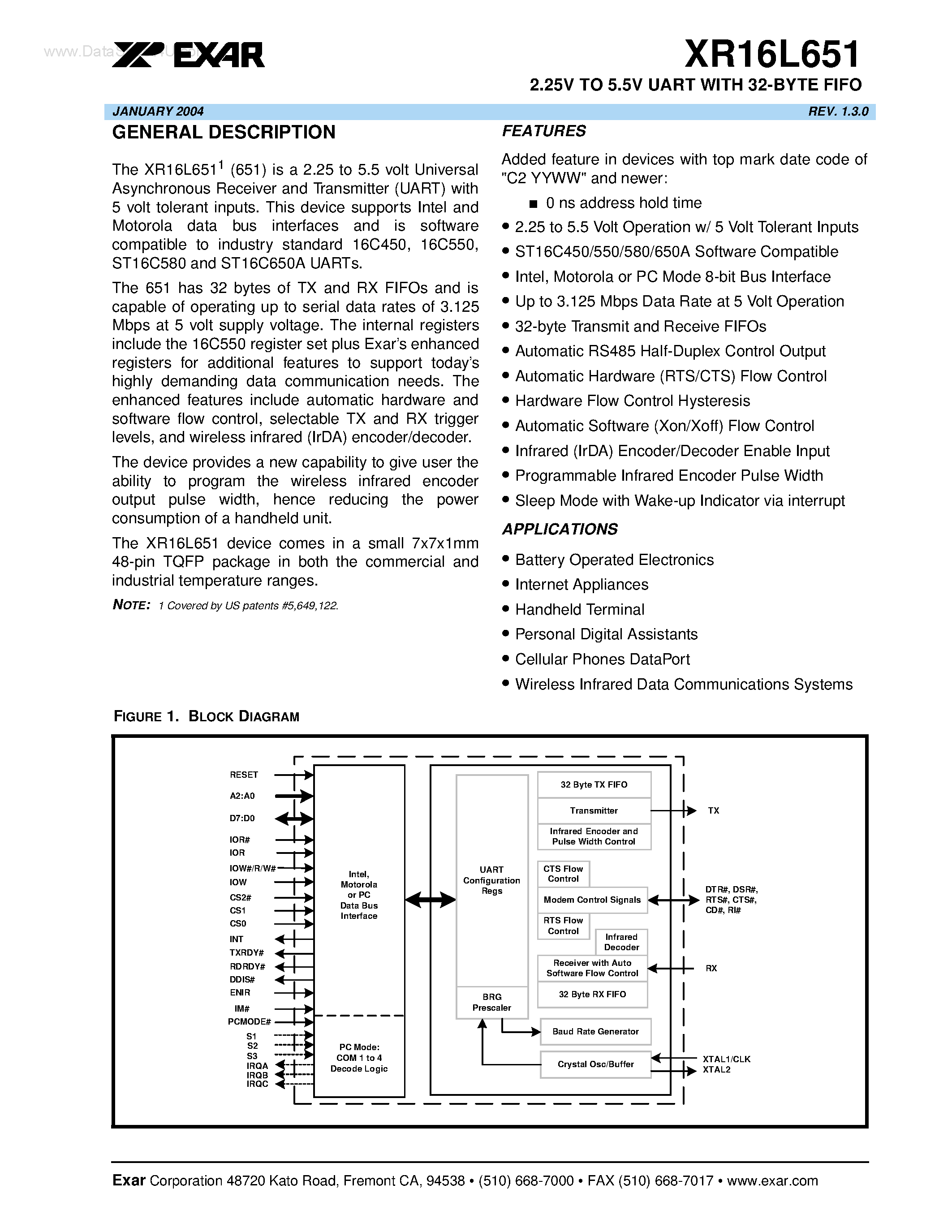 Datasheet XR16L651 - 2.25V TO 5.5V UART page 1