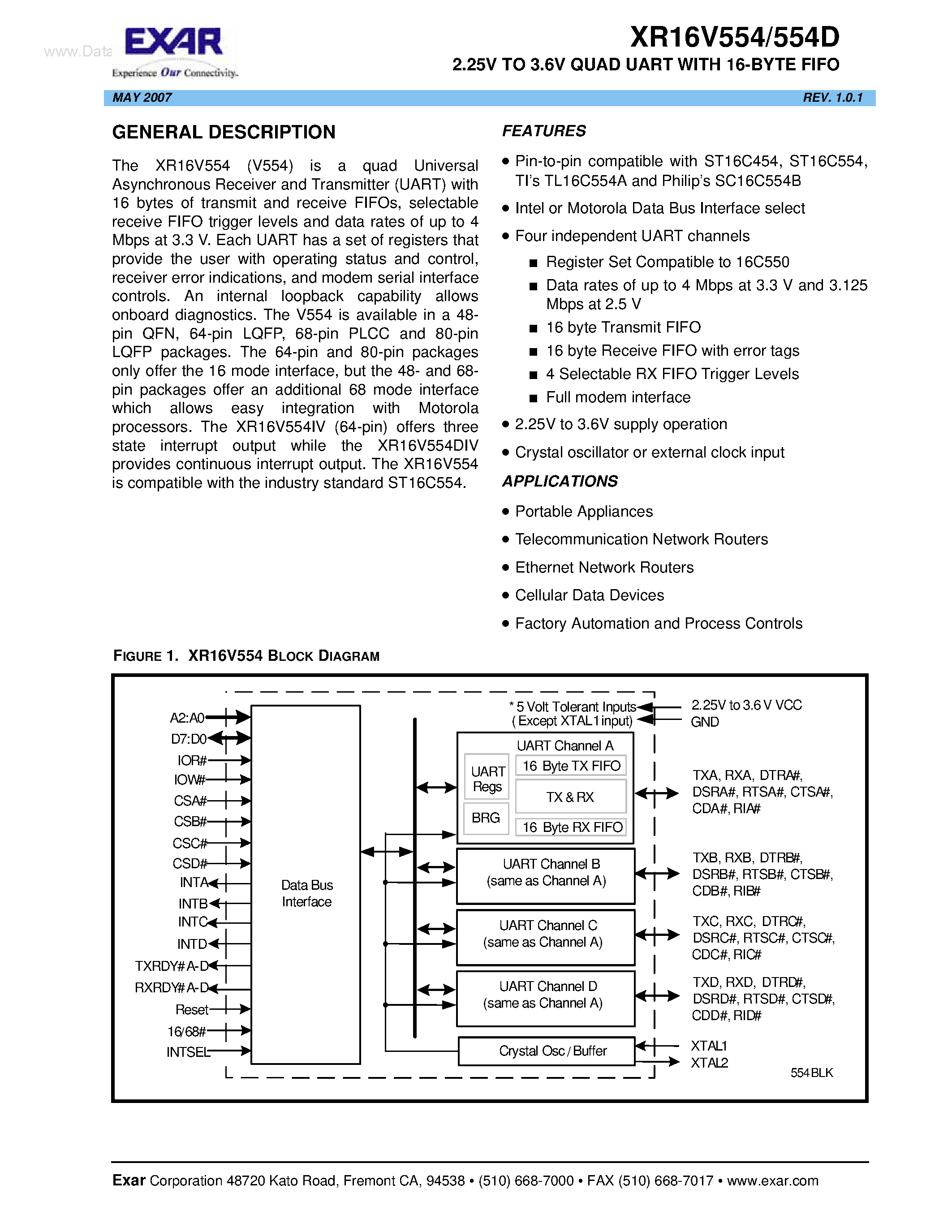 Datasheet XR16V554 page 1 Datasheet XR16V554 - 2.25V TO 3.6V QUAD UART page 1