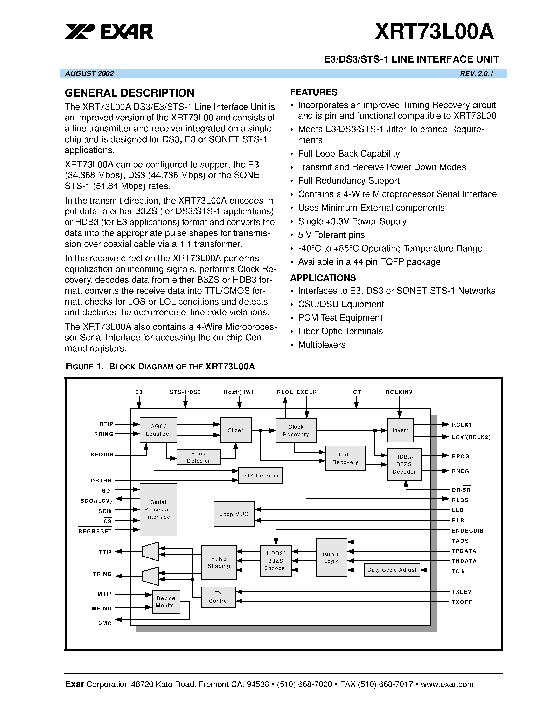 Datasheet XRT73L00 page 1 Datasheet XRT73L00 - E3/DS3/STS-1 LINE INTERFACE UNIT page 1