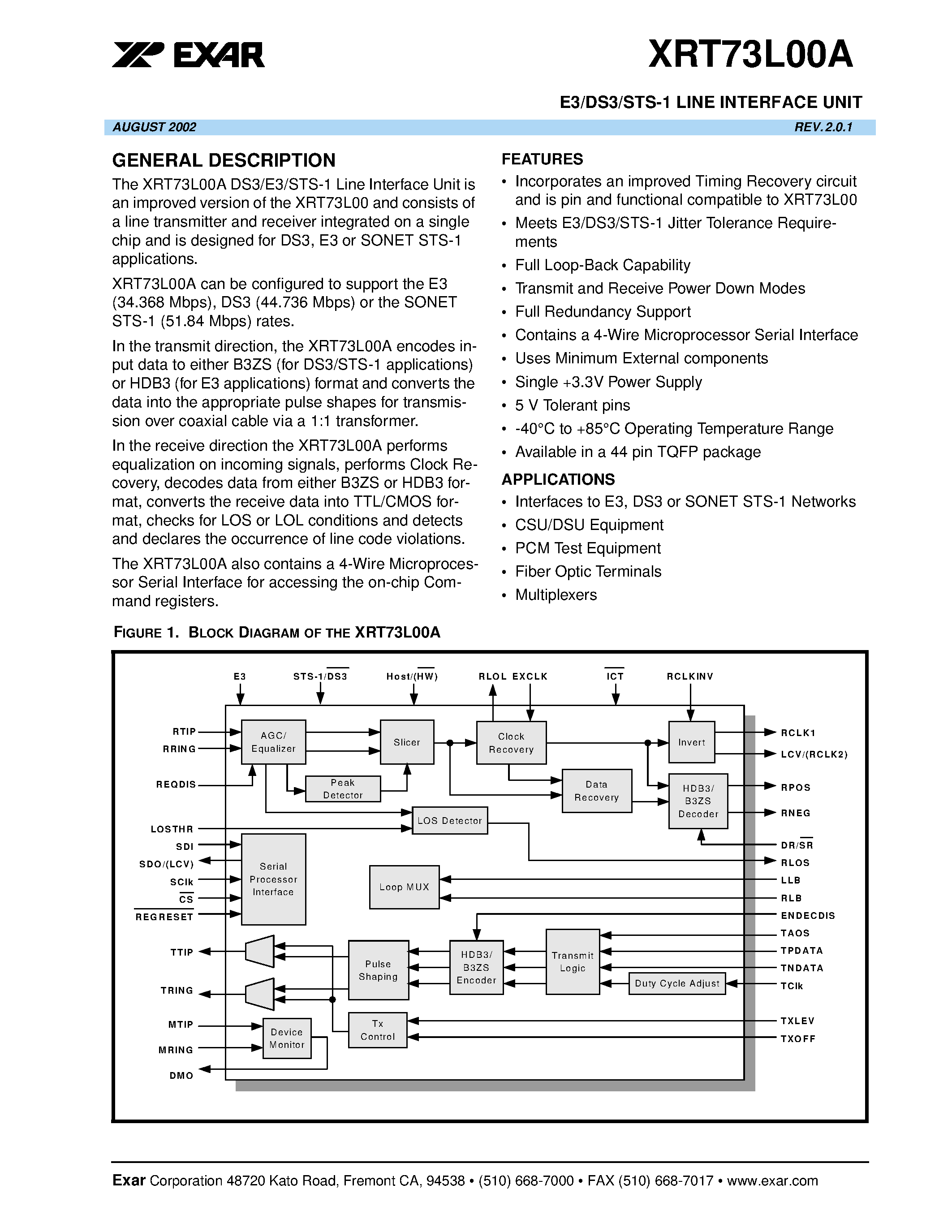 Даташит XRT73L00 - E3/DS3/STS-1 LINE INTERFACE UNIT страница 1