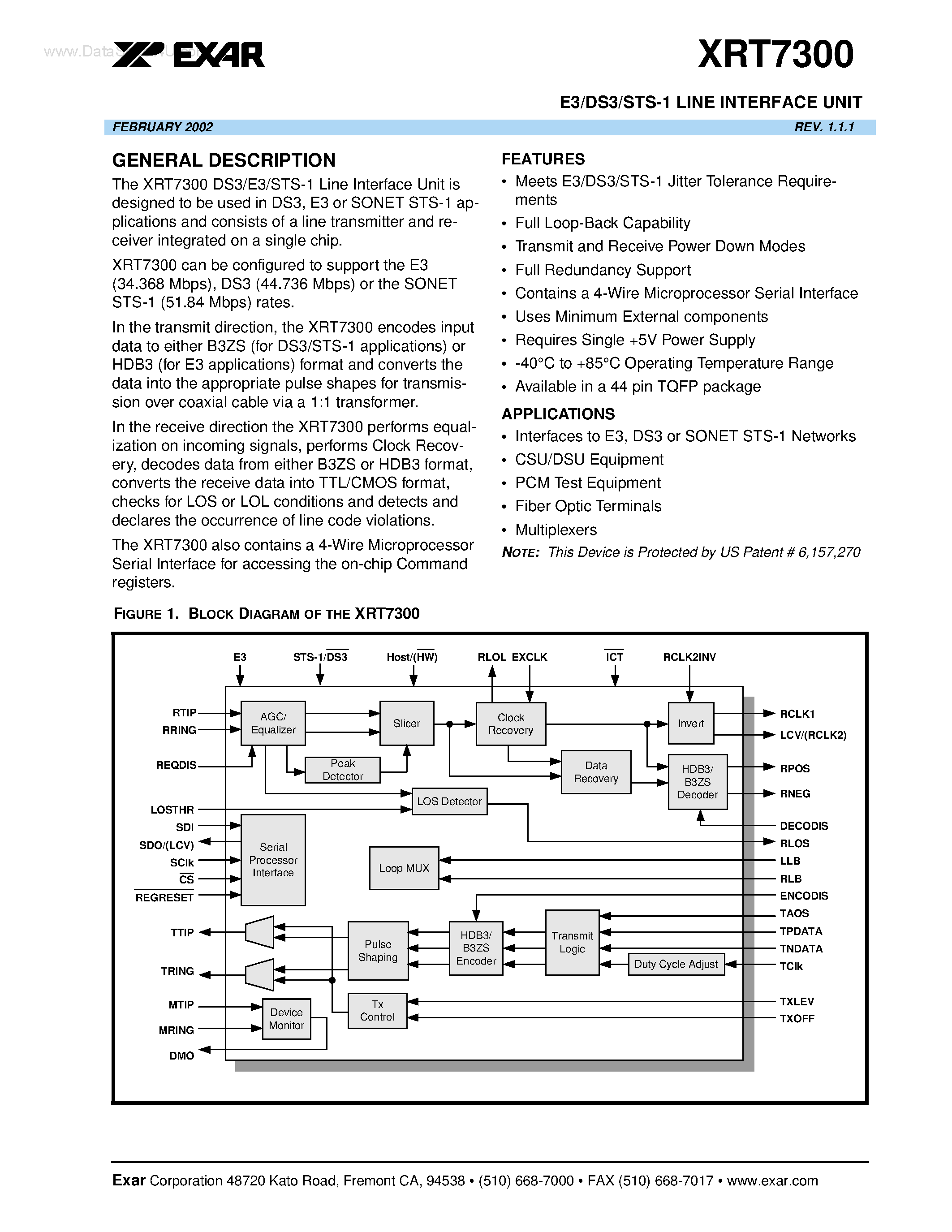 Datasheet XRT7300 - E3/DS3/STS-1 LINE INTERFACE UNIT page 1