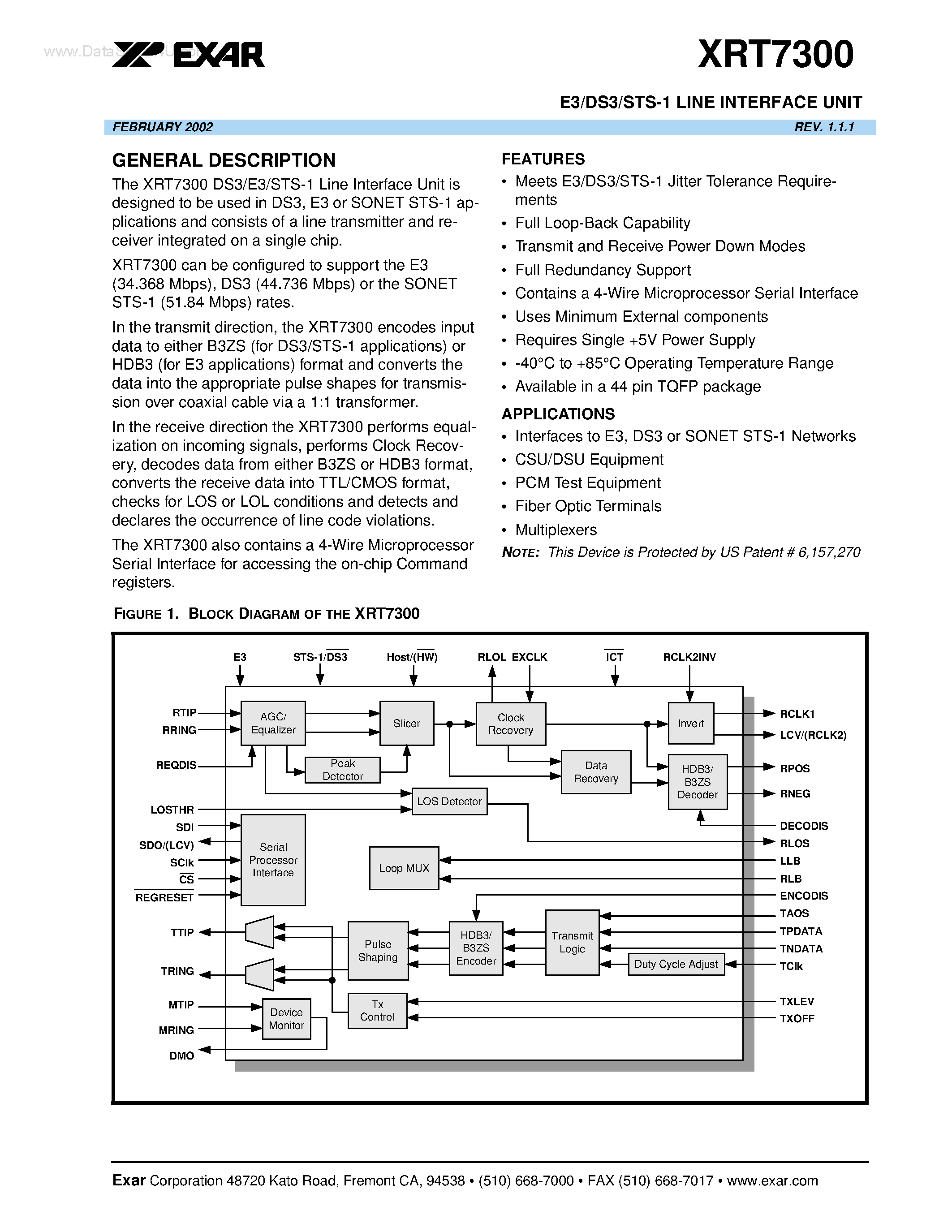 Даташит XRT7300 - E3/DS3/STS-1 LINE INTERFACE UNIT страница 1