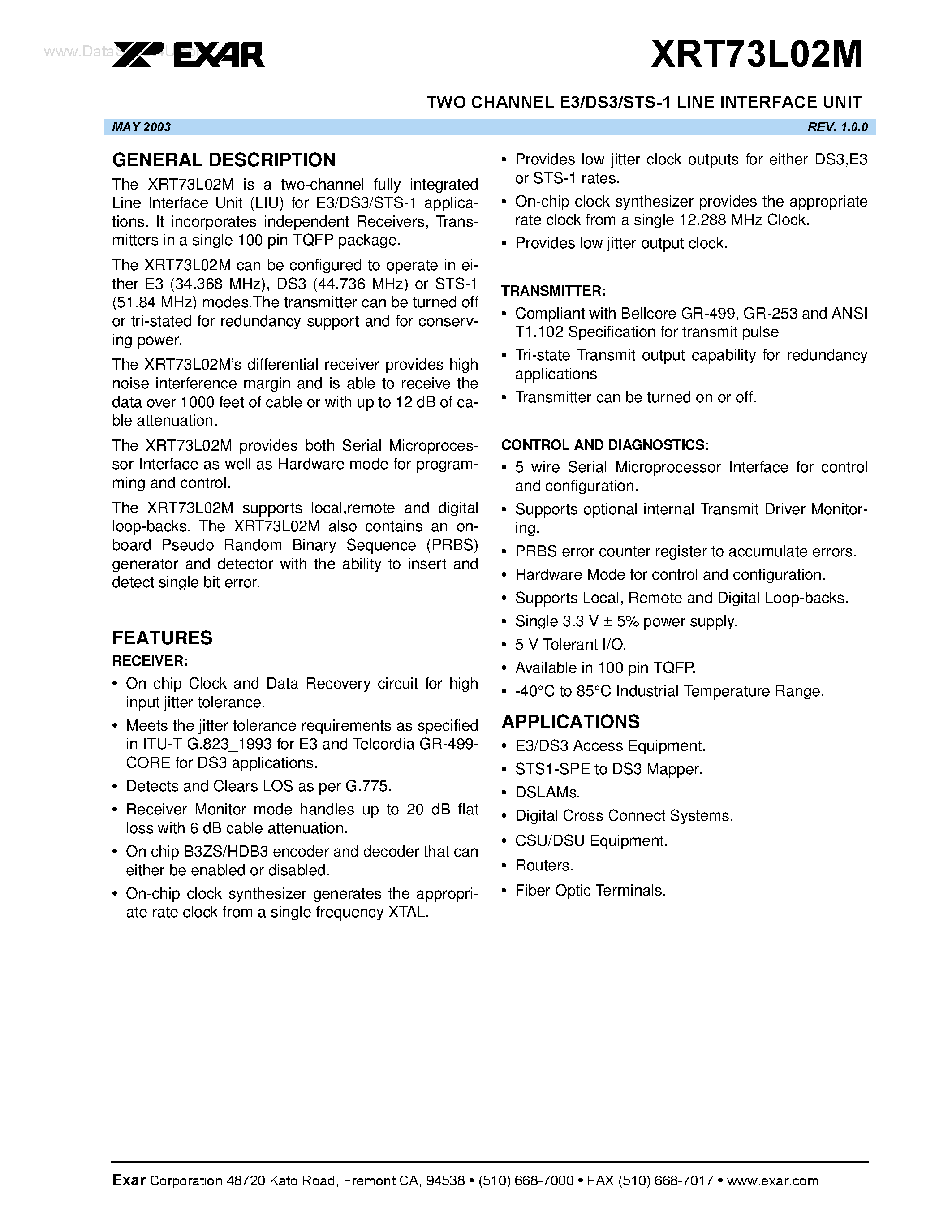 Datasheet XRT73L02M page 1 Datasheet XRT73L02M - TWO CHANNEL E3/DS3/STS-1 LINE INTERFACE UNIT page 1
