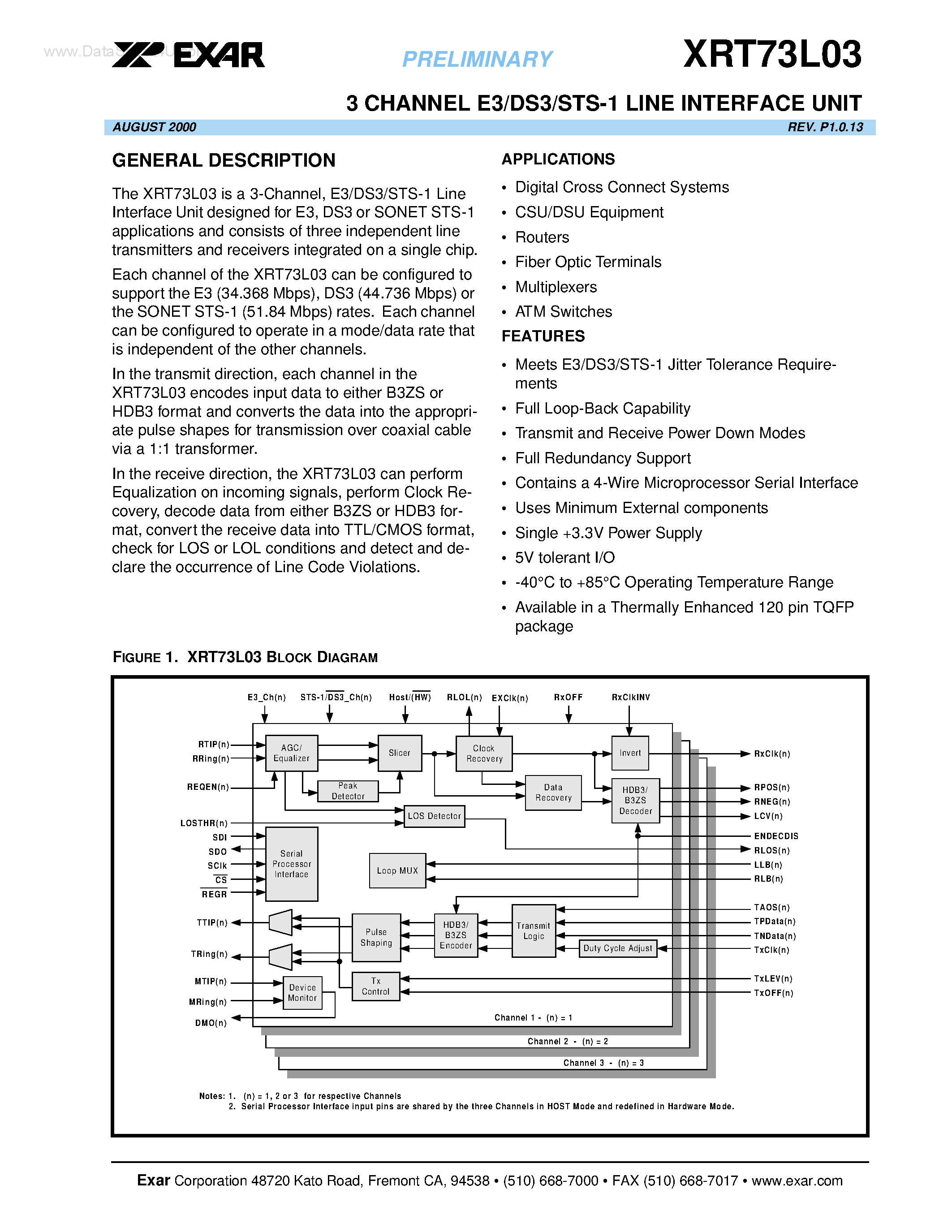 Даташит XRT73L03 - 3 CHANNEL E3/DS3/STS-1 LINE INTERFCE UNIT страница 1