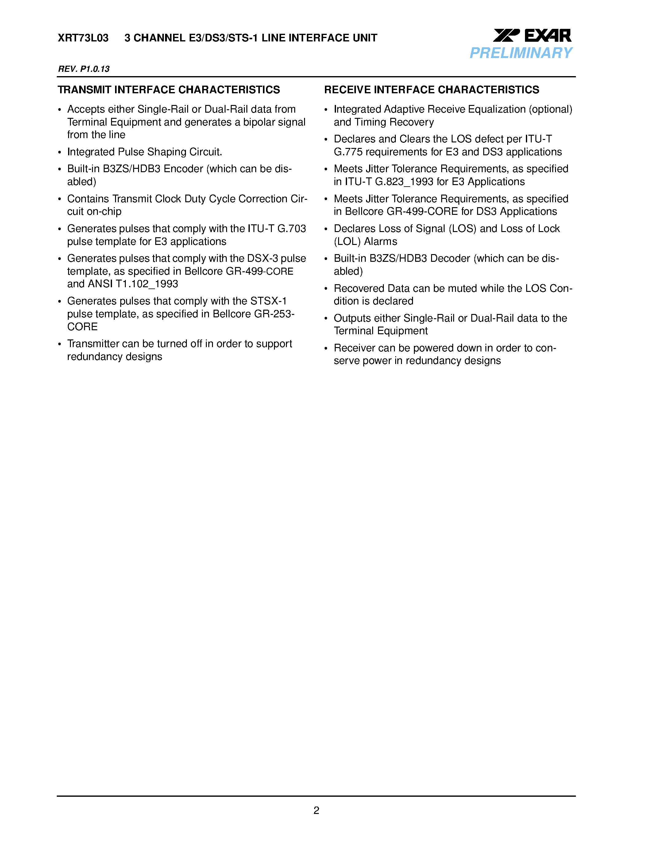 Datasheet XRT73L03 - 3 CHANNEL E3/DS3/STS-1 LINE INTERFCE UNIT page 2