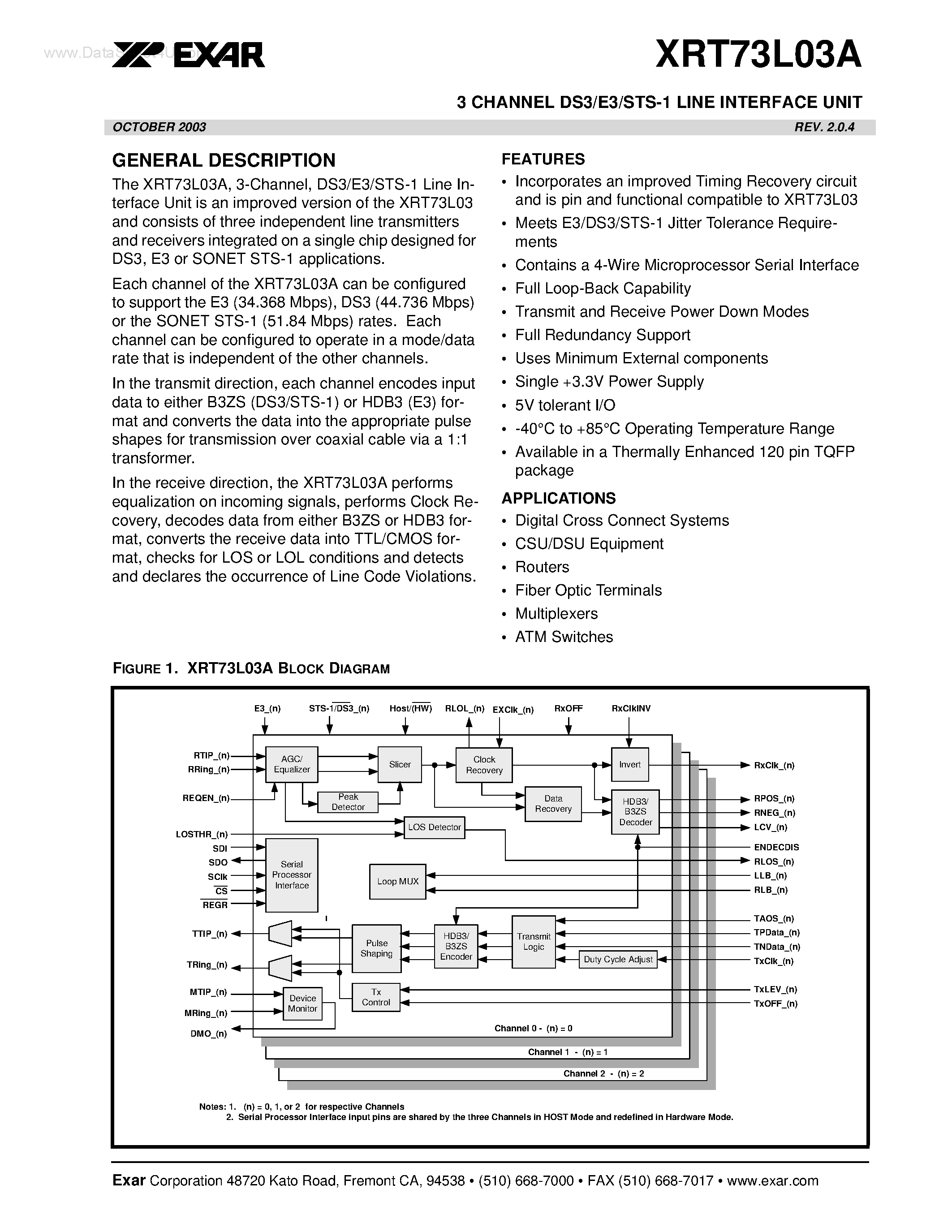 Даташит XRT73L03A - 3 CHANNEL DS3/E3/STS-1 LINE INTERFACE UNIT страница 1
