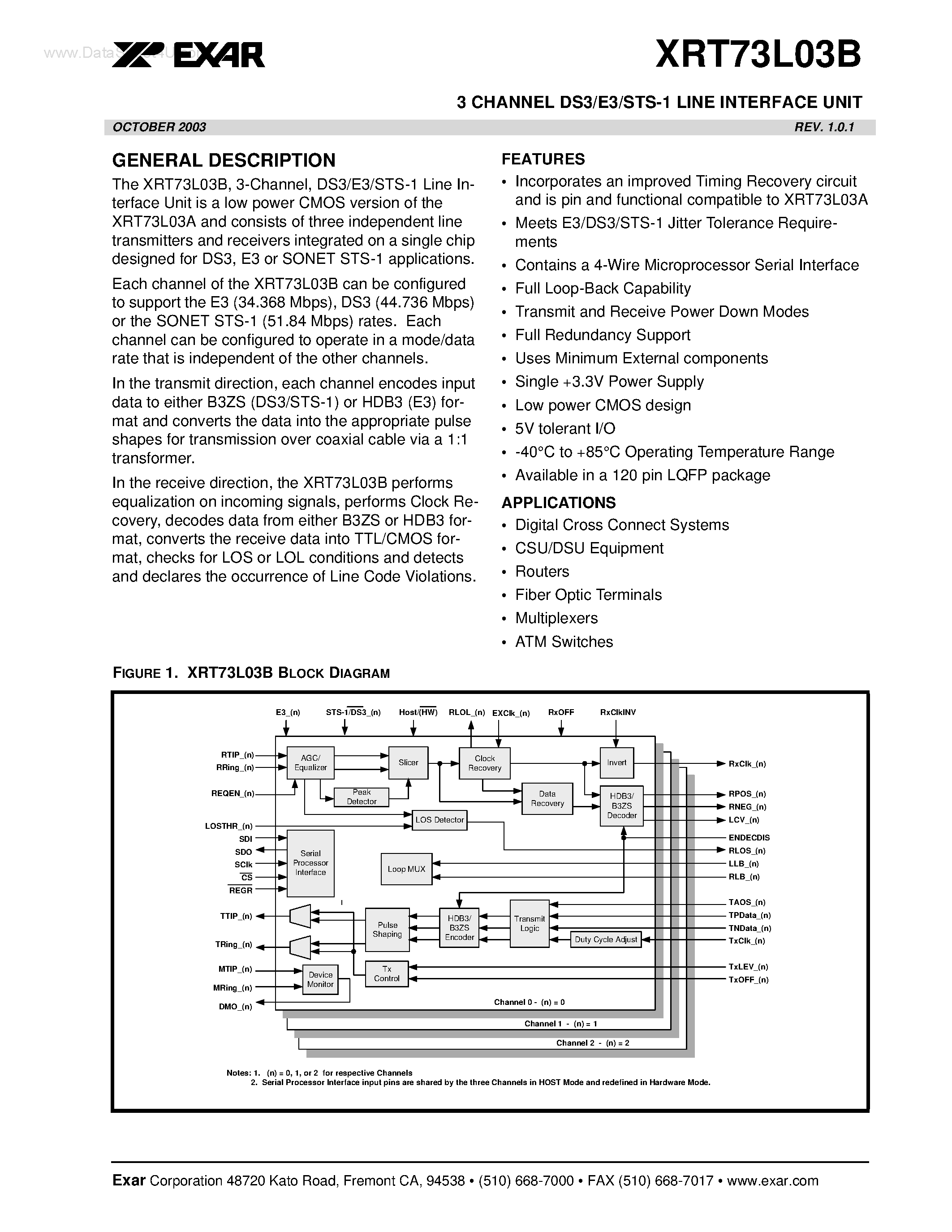 Datasheet XRT73L03B page 1 Datasheet XRT73L03B - 3 CHANNEL DS3/E3/STS-1 LINE INTERFACE UNIT page 1