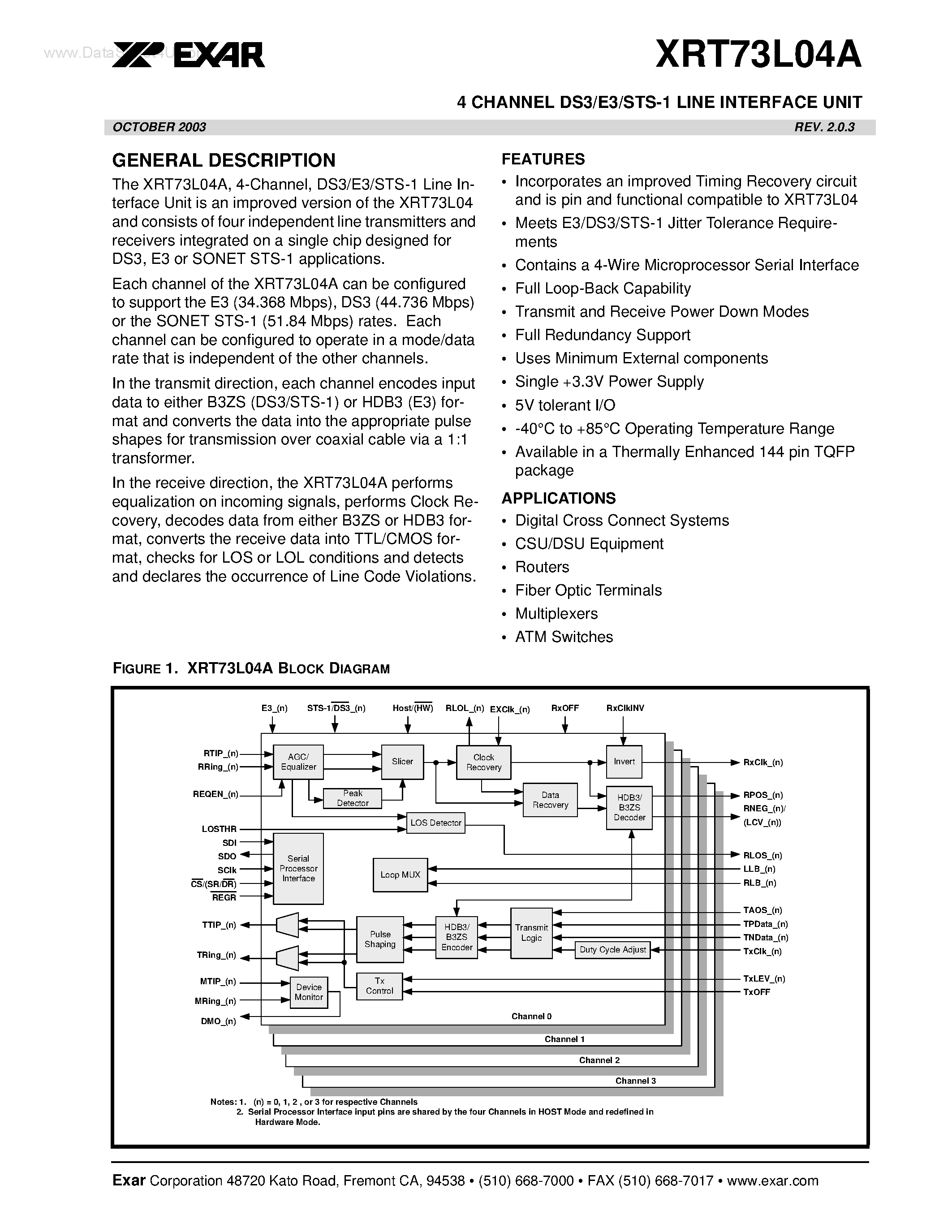 Datasheet XRT73L04A page 1 Datasheet XRT73L04A - 4 CHANNEL DS3/E3/STS-1 LINE INTERFACE UNIT page 1