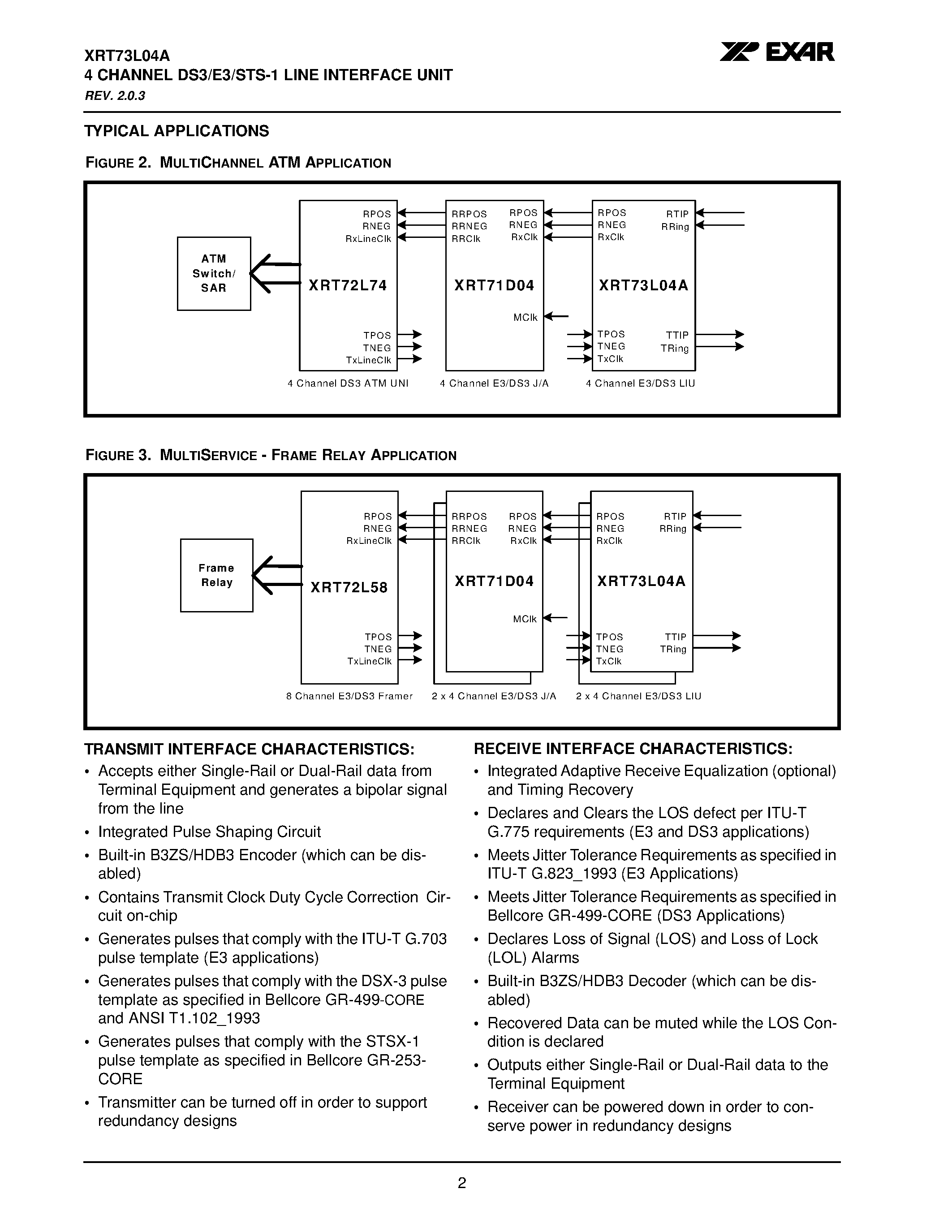 Datasheet XRT73L04A page 2 Datasheet XRT73L04A - 4 CHANNEL DS3/E3/STS-1 LINE INTERFACE UNIT page 2