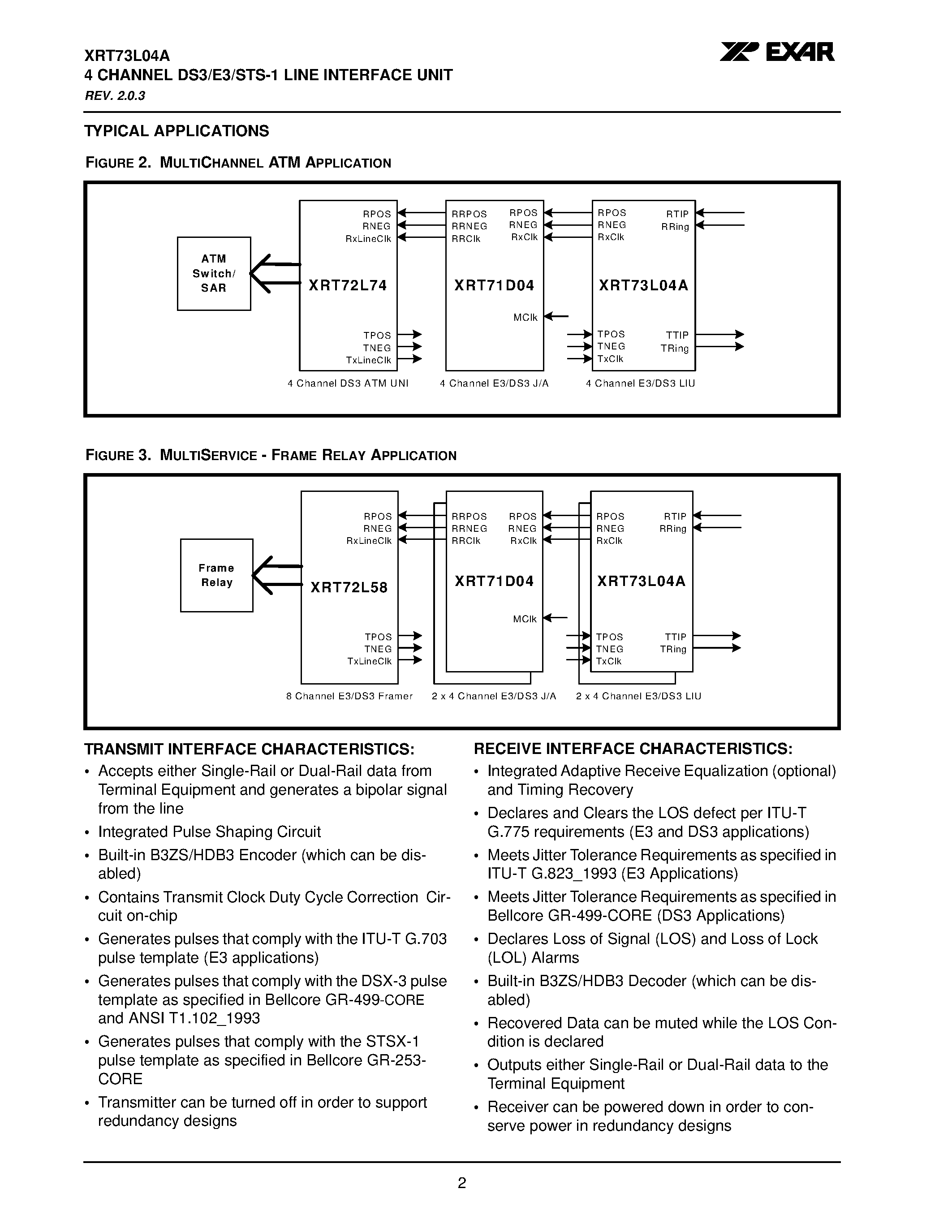 Даташит XRT73L04A - 4 CHANNEL DS3/E3/STS-1 LINE INTERFACE UNIT страница 2