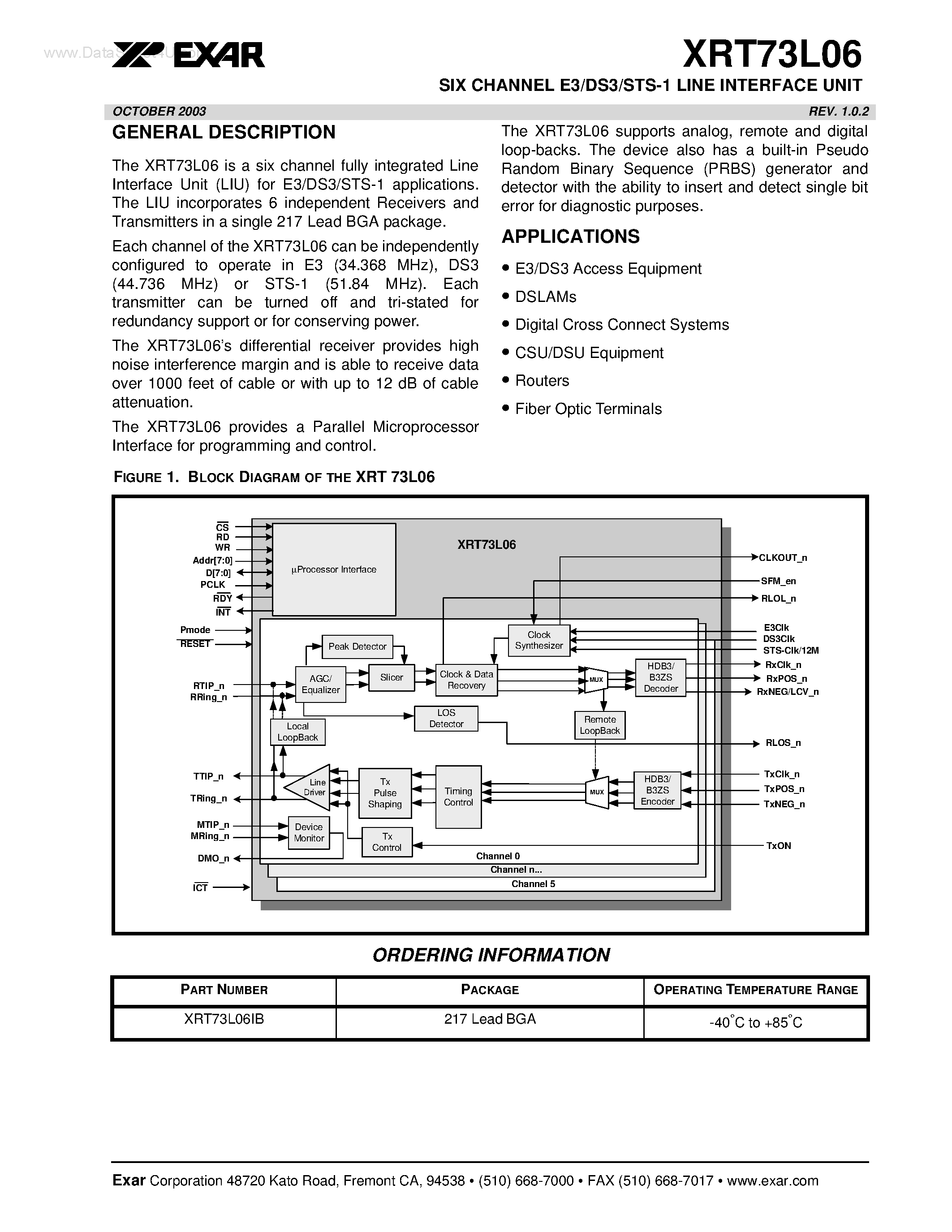 Datasheet XRT73L06 page 1 Datasheet XRT73L06 - SIX CHANNEL E3/DS3/STS-1 LINE INTERFACE UNIT page 1