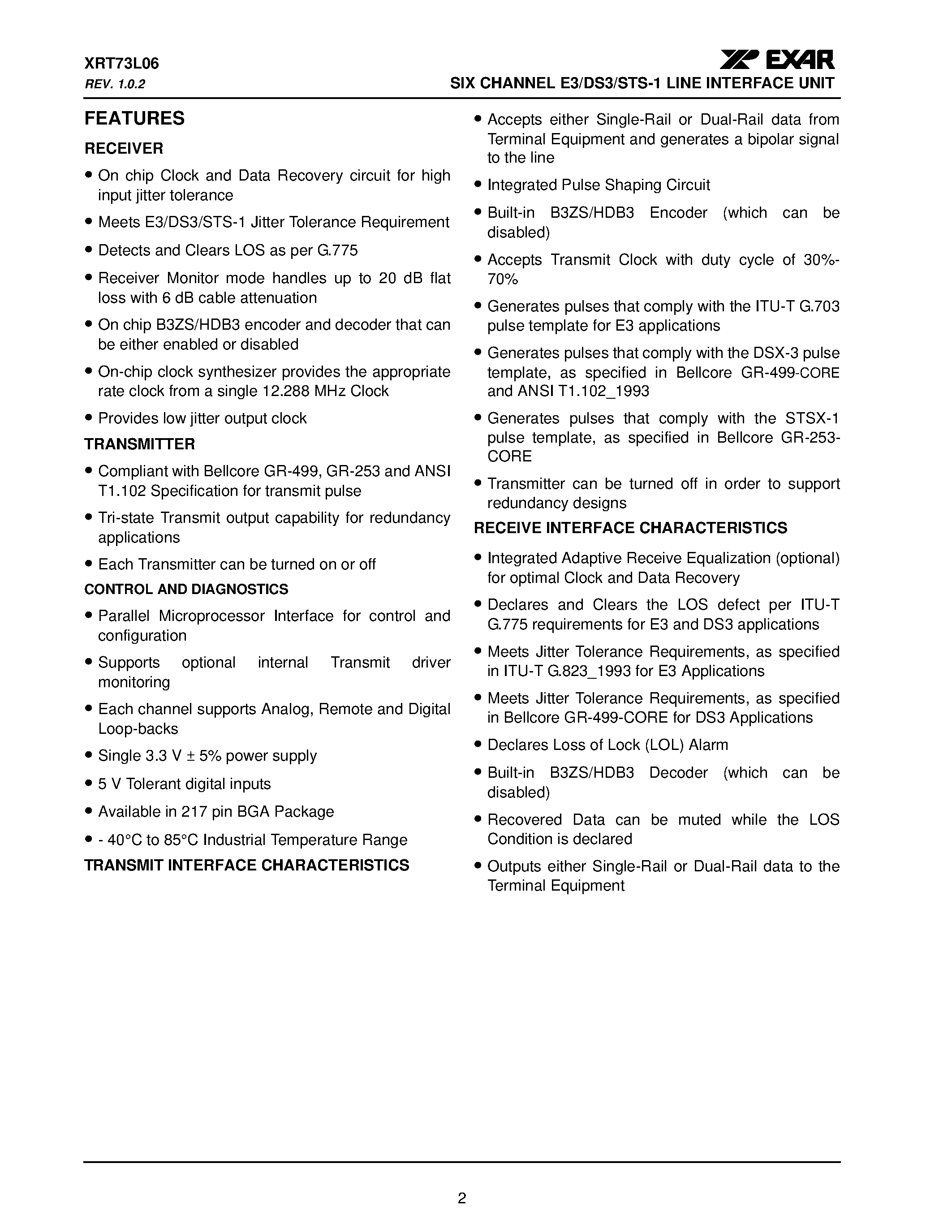 Datasheet XRT73L06 page 2 Datasheet XRT73L06 - SIX CHANNEL E3/DS3/STS-1 LINE INTERFACE UNIT page 2