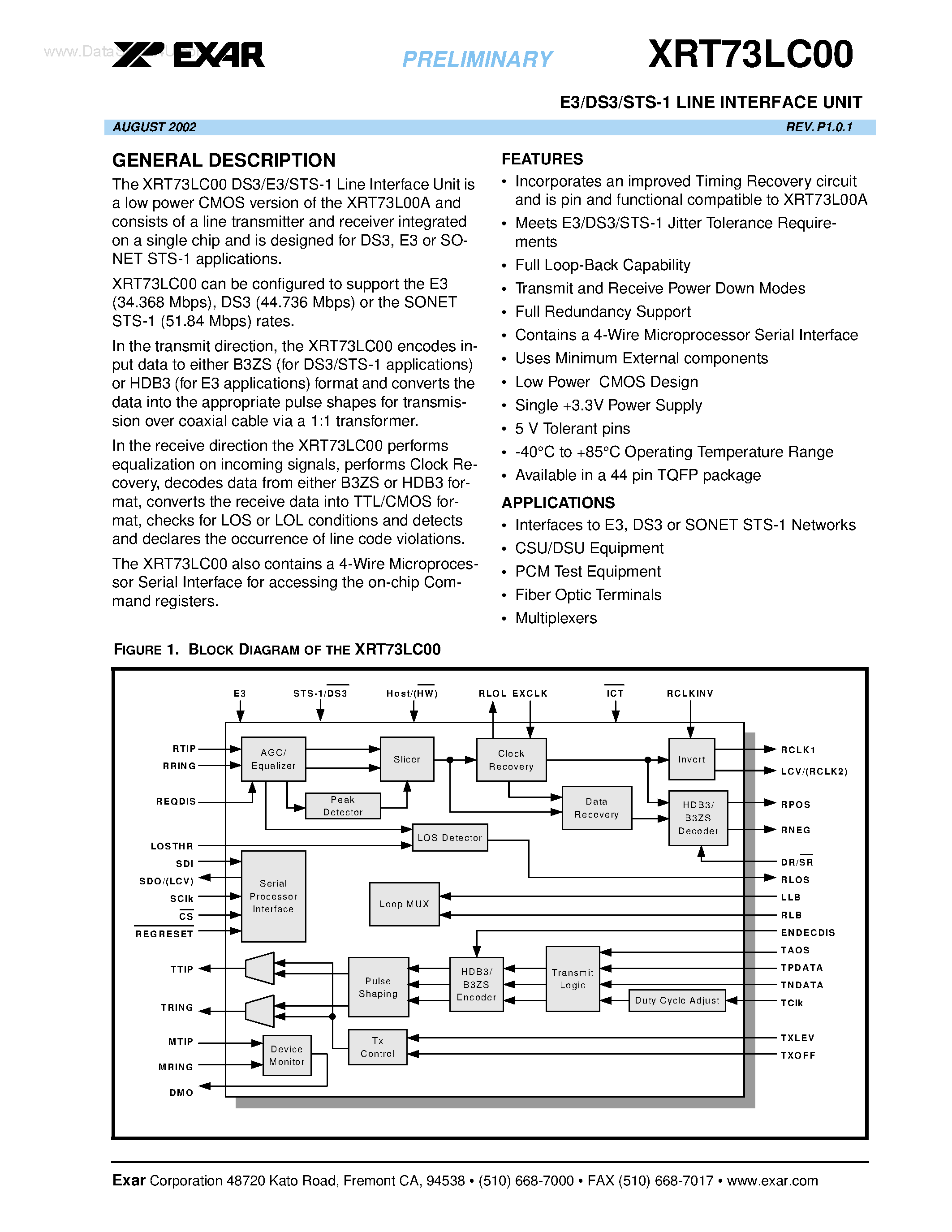 Datasheet XRT73LC00 page 1 Datasheet XRT73LC00 - E3/DS3/STS-1 LINE INTERFACE UNIT page 1