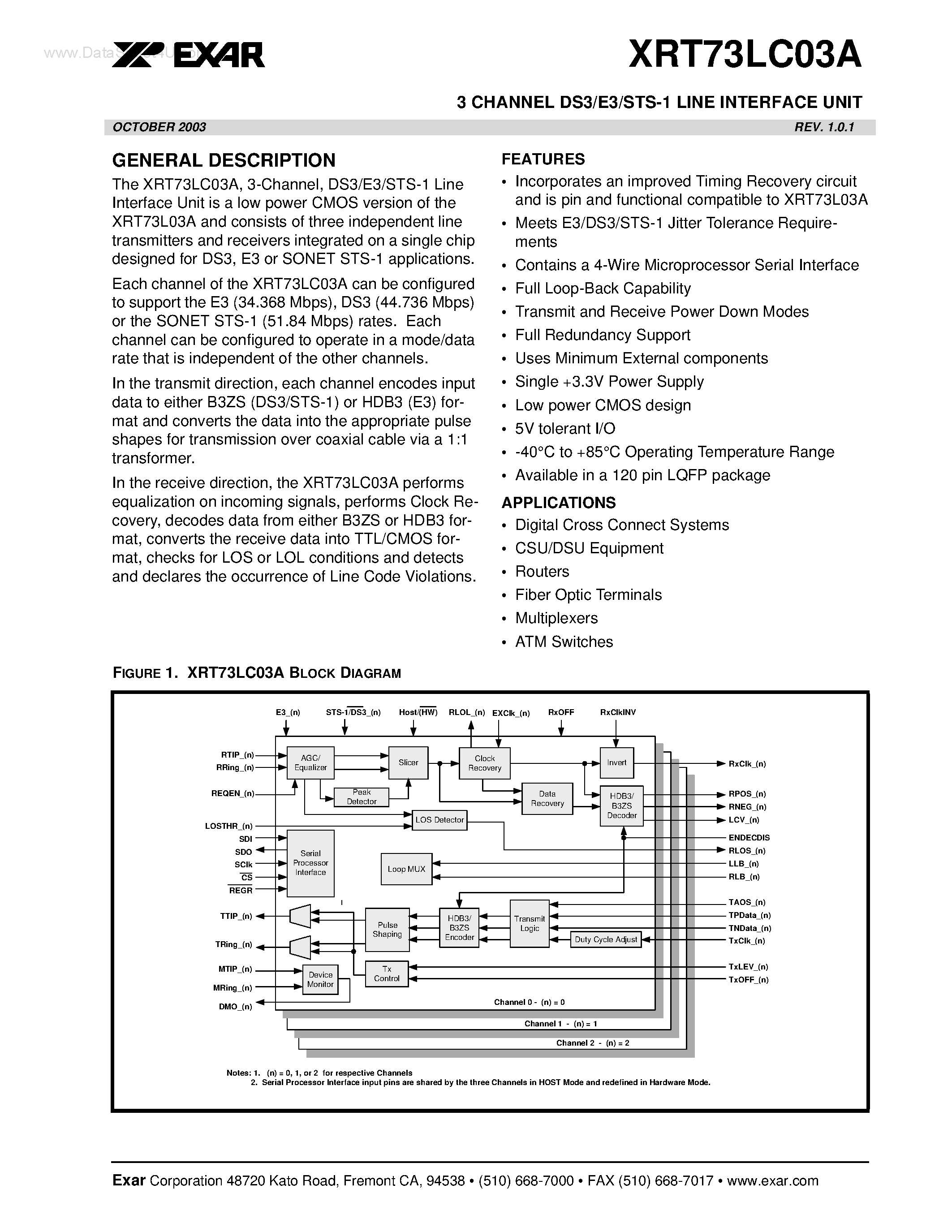Datasheet XRT73LC03A - 3 CHANNEL DS3/E3/STS-1 LINE INTERFACE UNIT page 1