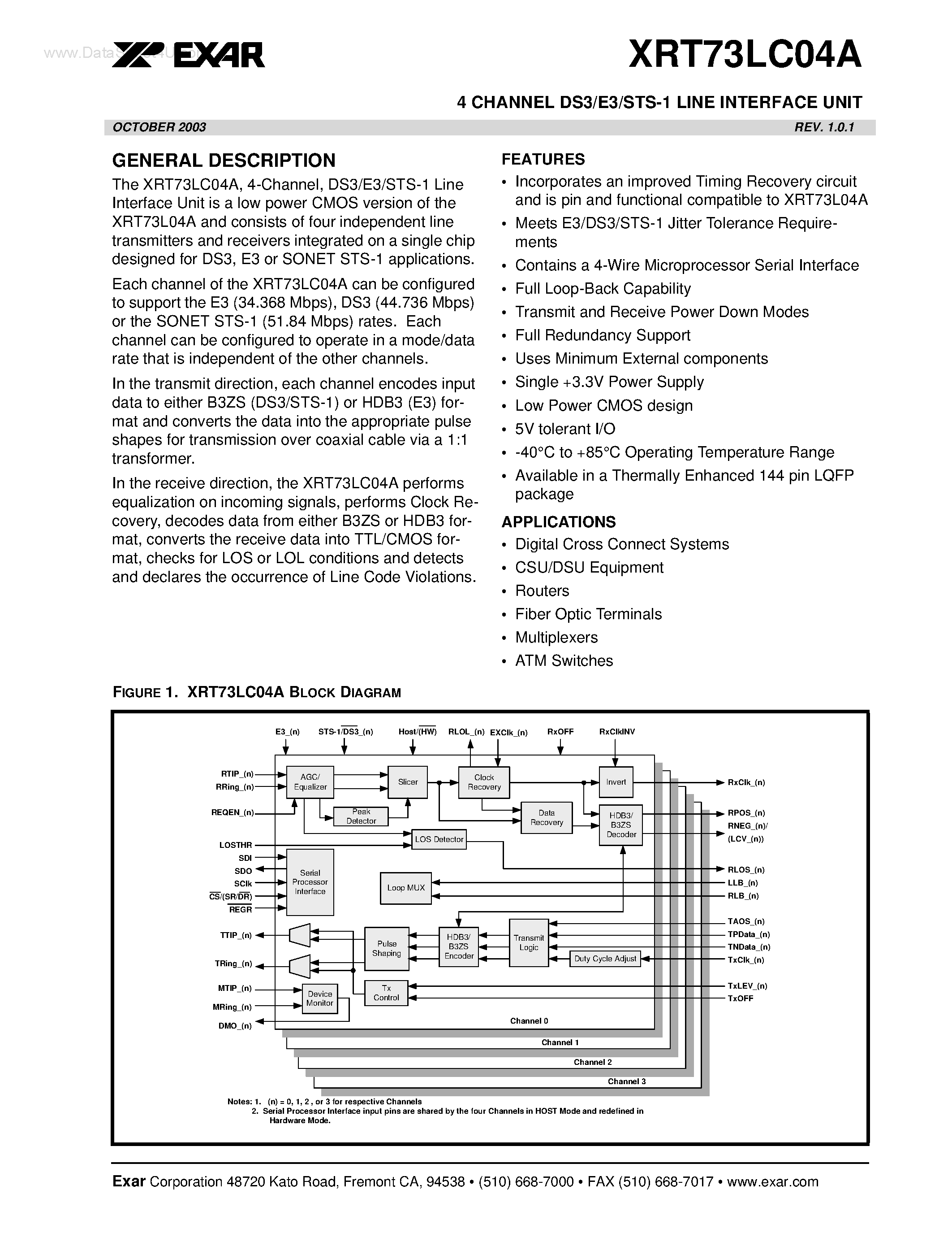 Datasheet XRT73LC04A - 4 CHANNEL DS3/E3/STS-1 LINE INTERFACE UNIT page 1