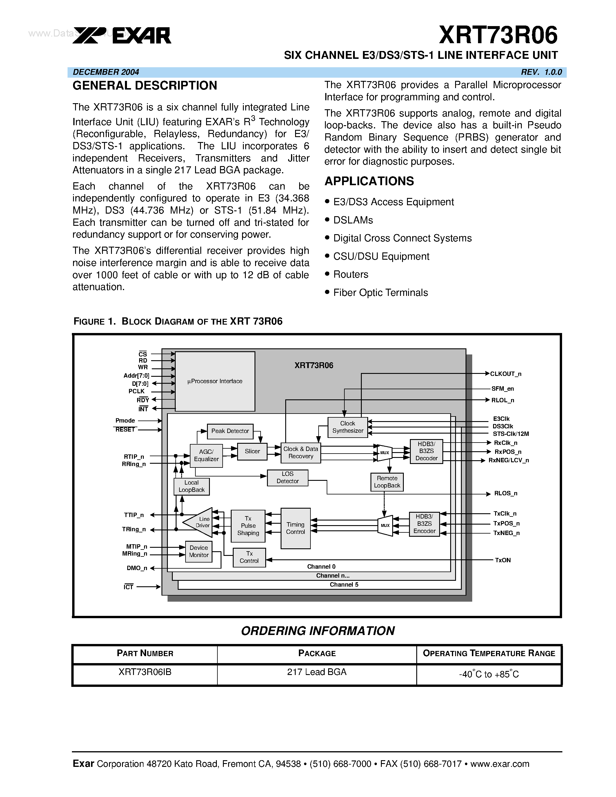 Datasheet XRT73R06 - SIX CHANNEL E3/DS3/STS-1 LINE INTERFACE UNIT page 1