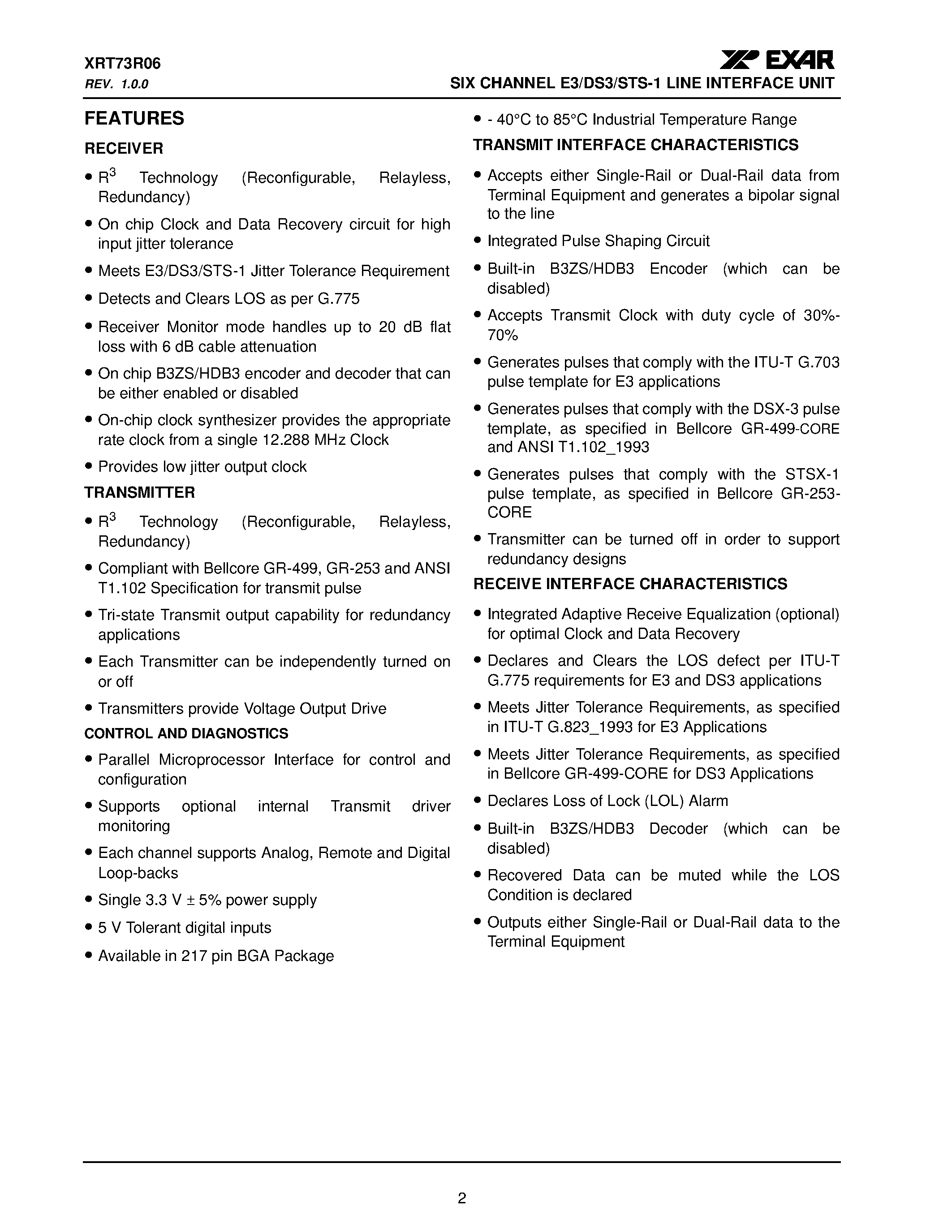 Datasheet XRT73R06 - SIX CHANNEL E3/DS3/STS-1 LINE INTERFACE UNIT page 2