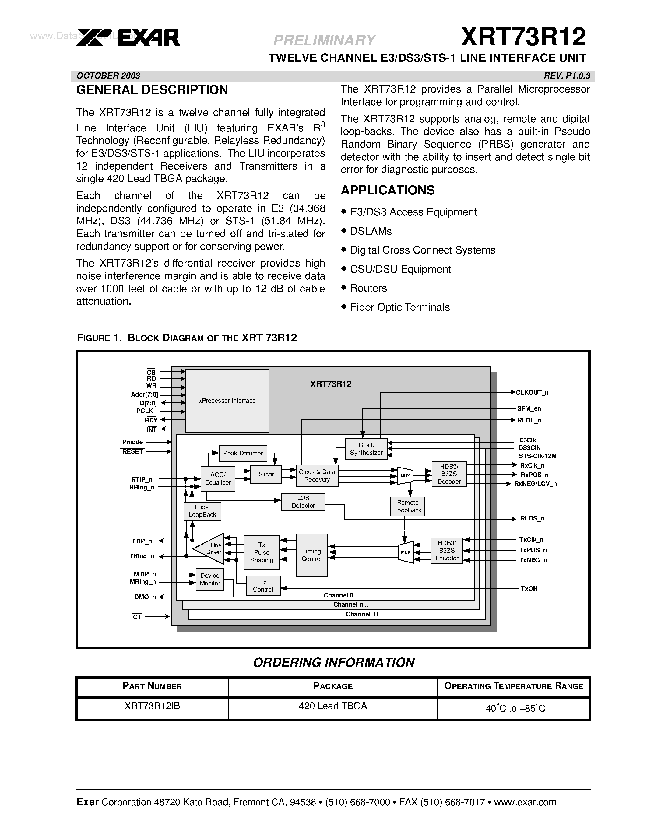 Datasheet XRT73R12 - TWELVE CHANNEL E3/DS3/STS-1 LINE INTERFACE UNIT page 1