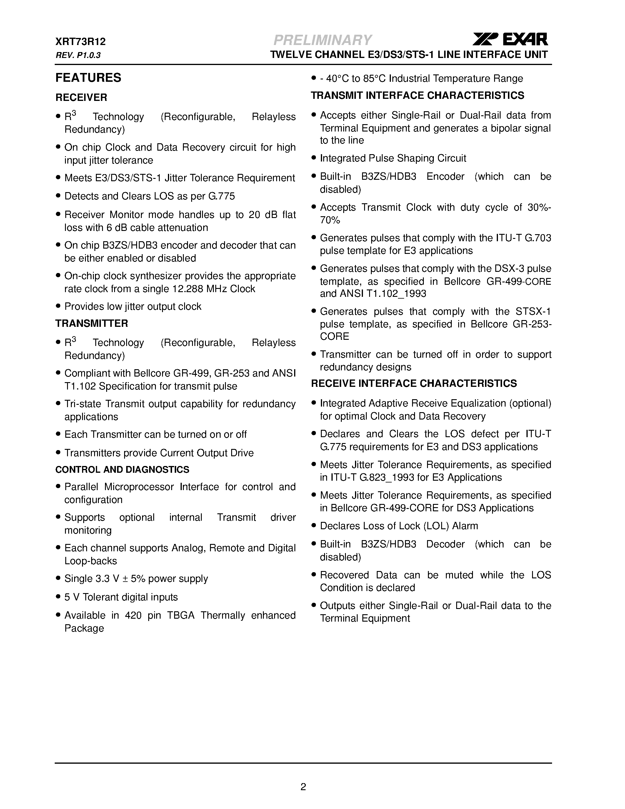 Datasheet XRT73R12 page 2 Datasheet XRT73R12 - TWELVE CHANNEL E3/DS3/STS-1 LINE INTERFACE UNIT page 2
