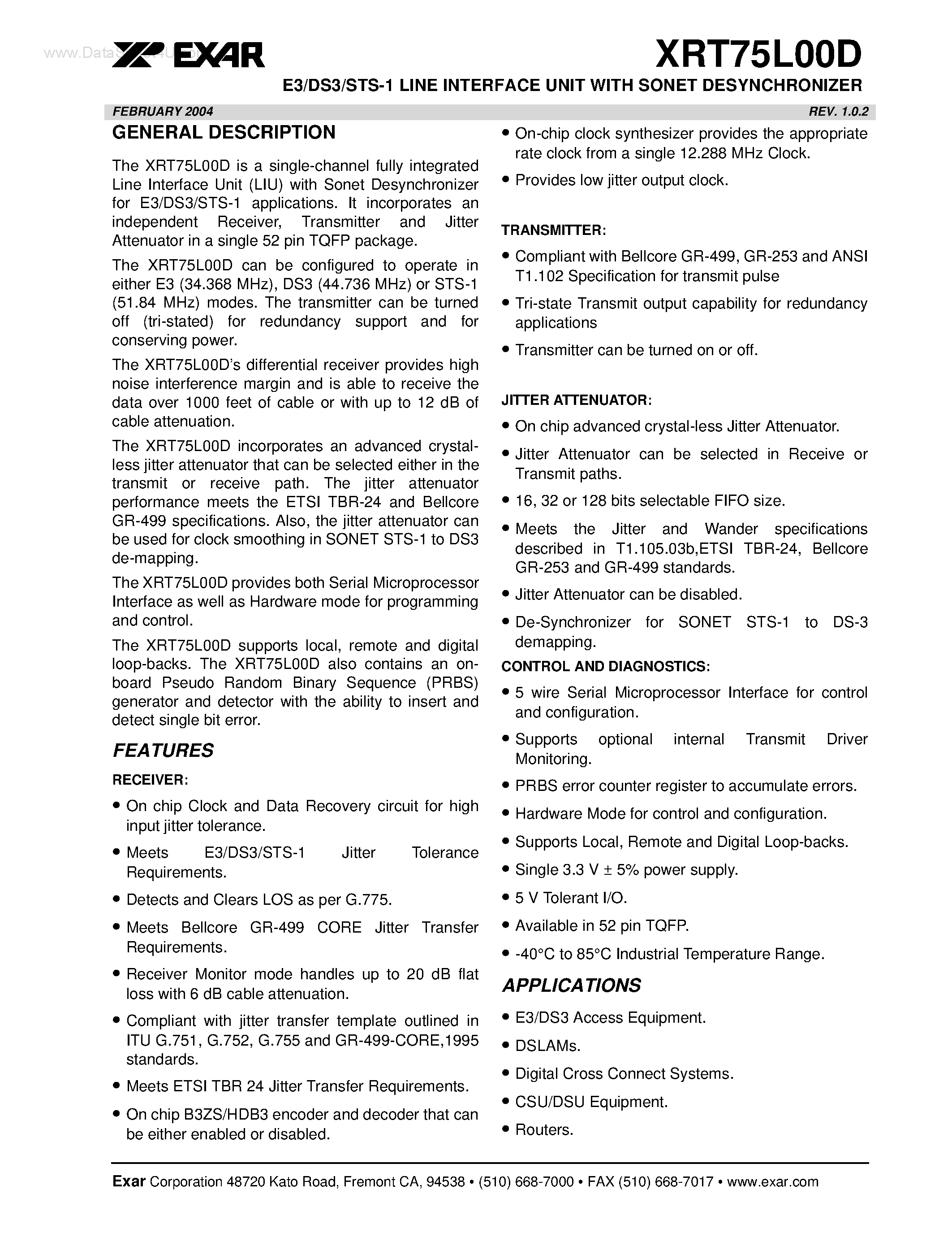 Datasheet XRT75L00D page 1 Datasheet XRT75L00D - E3/DS3/STS-1 LINE INTERFACE UNIT page 1