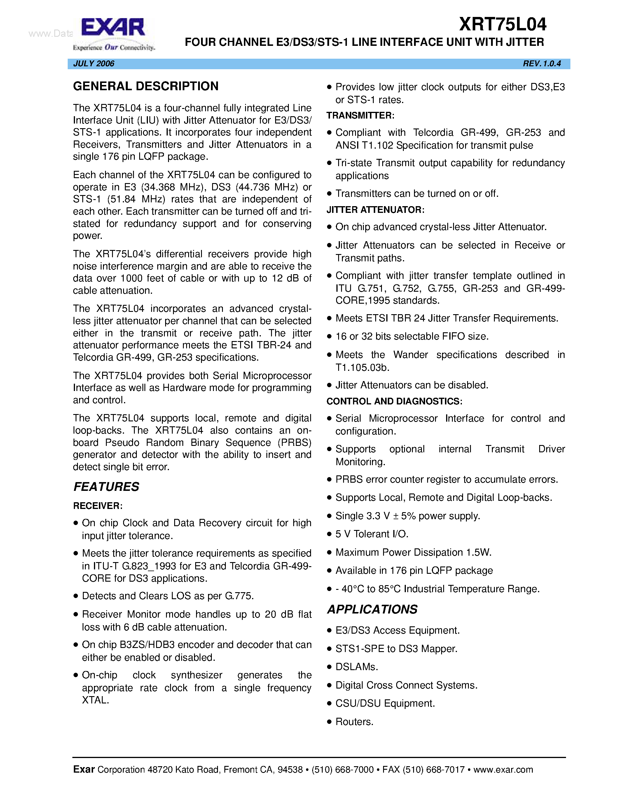 Datasheet XRT75L04 - FOUR CHANNEL E3/DS3/STS-1 LINE INTERFACE UNIT page 1