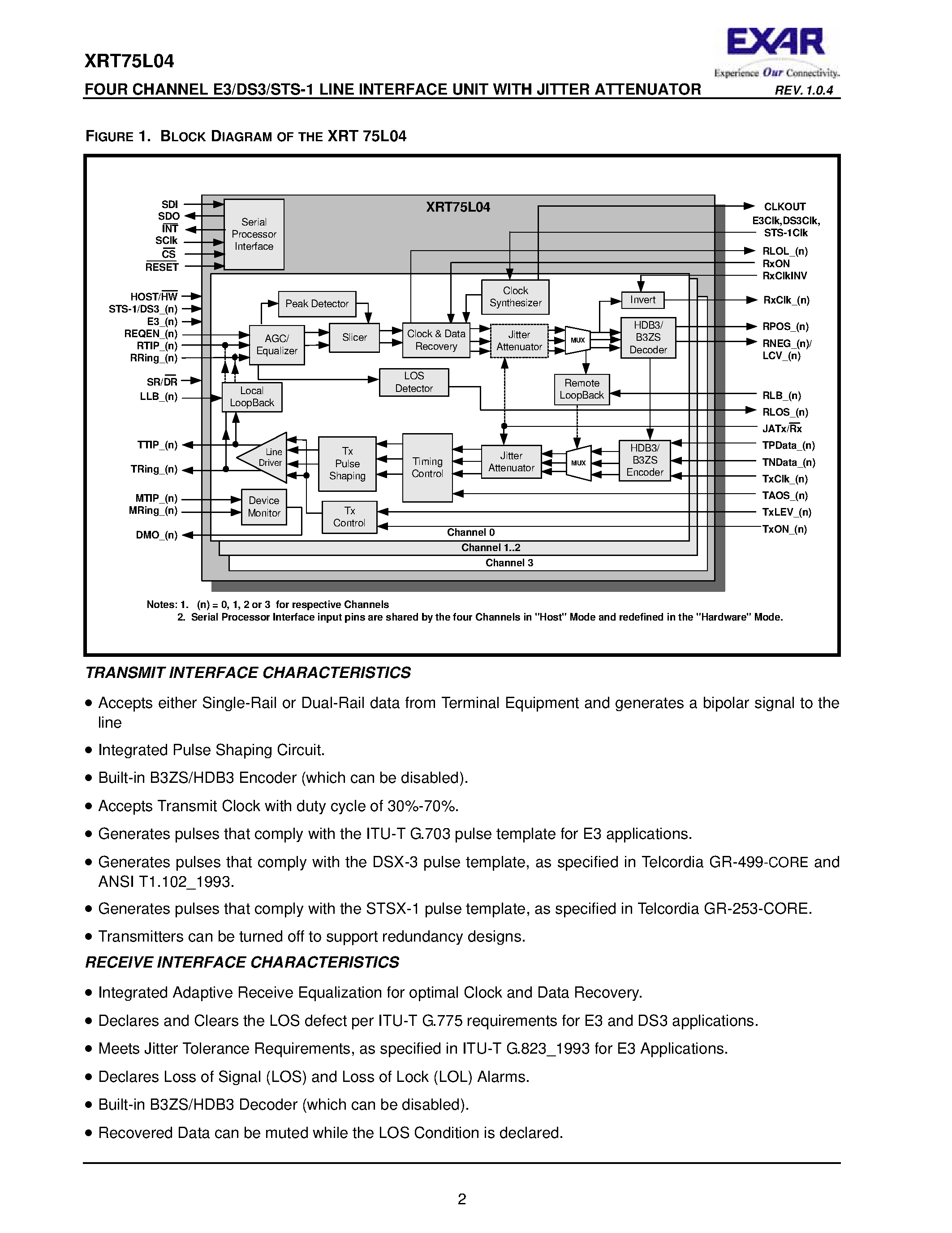 Datasheet XRT75L04 page 2 Datasheet XRT75L04 - FOUR CHANNEL E3/DS3/STS-1 LINE INTERFACE UNIT page 2