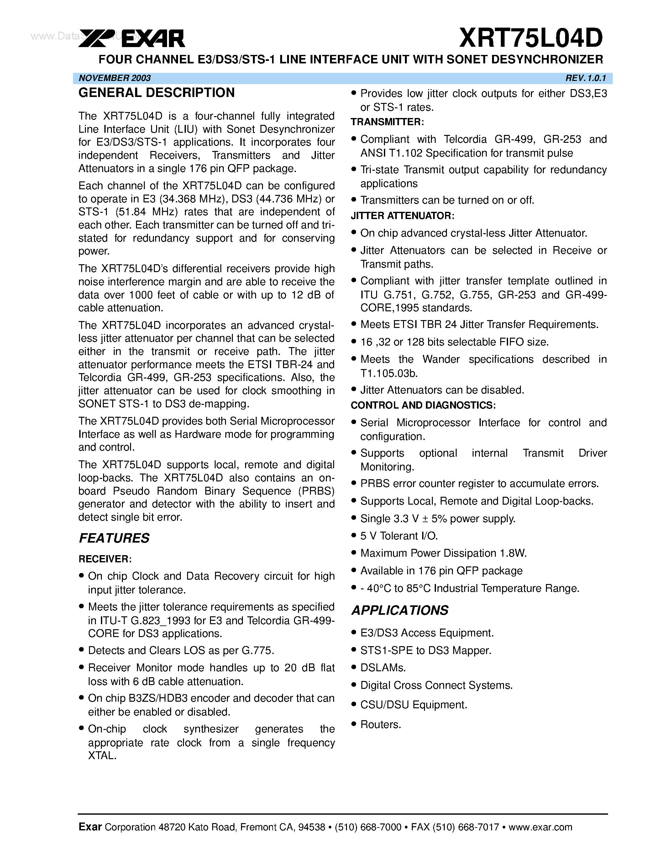 Datasheet XRT75L04D - FOUR CHANNEL E3/DS3/STS-1 LINE INTERFACE UNIT page 1