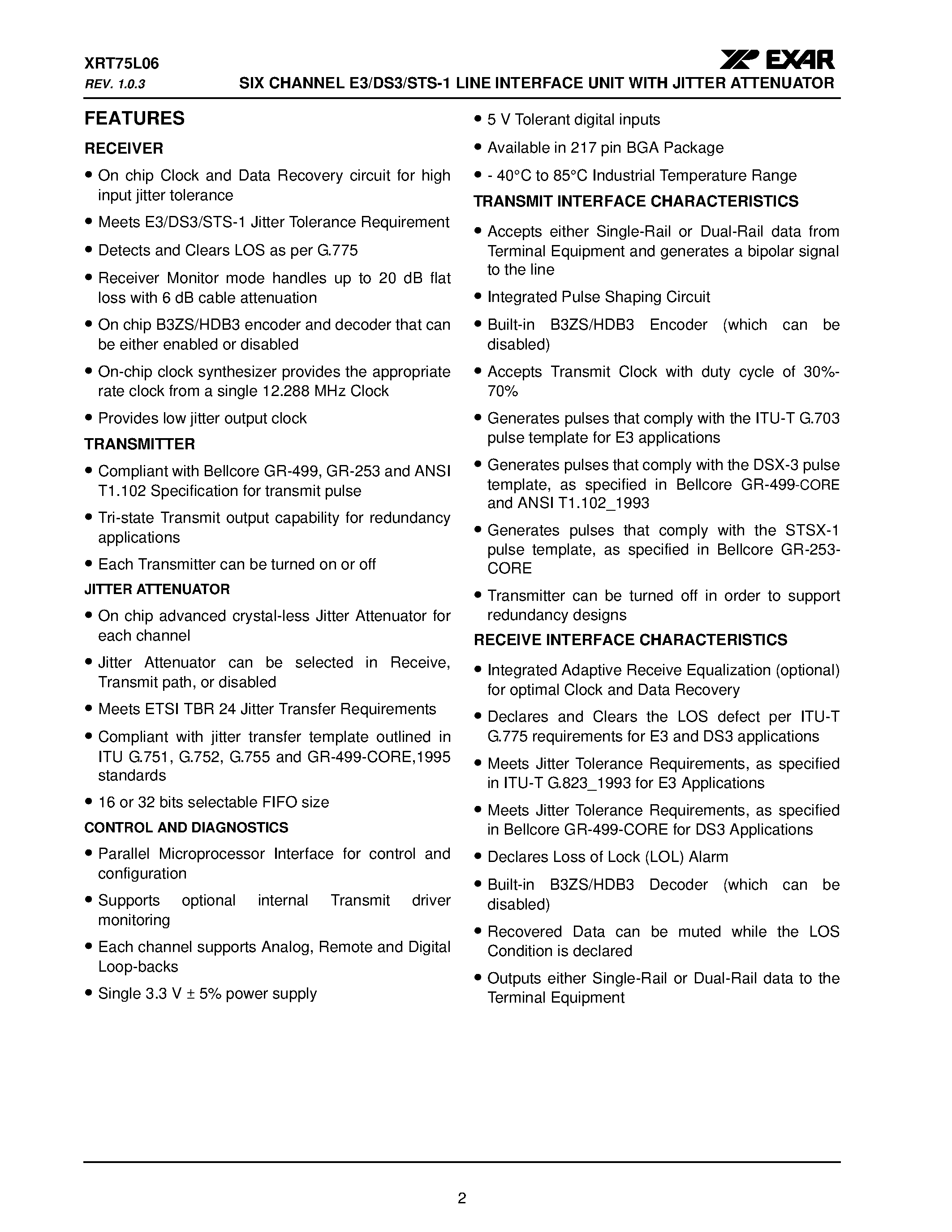 Datasheet XRT75L06 page 2 Datasheet XRT75L06 - SIX CHANNEL E3/DS3/STS-1 LINE INTERFACE UNIT page 2