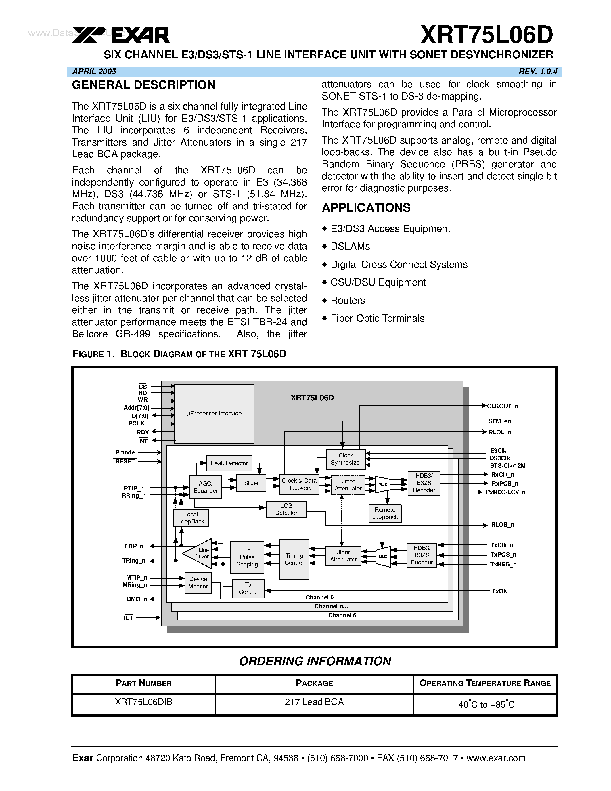 Datasheet XRT75L06D page 1 Datasheet XRT75L06D - SIX CHANNEL E3/DS3/STS-1 LINE INTERFACE UNIT page 1