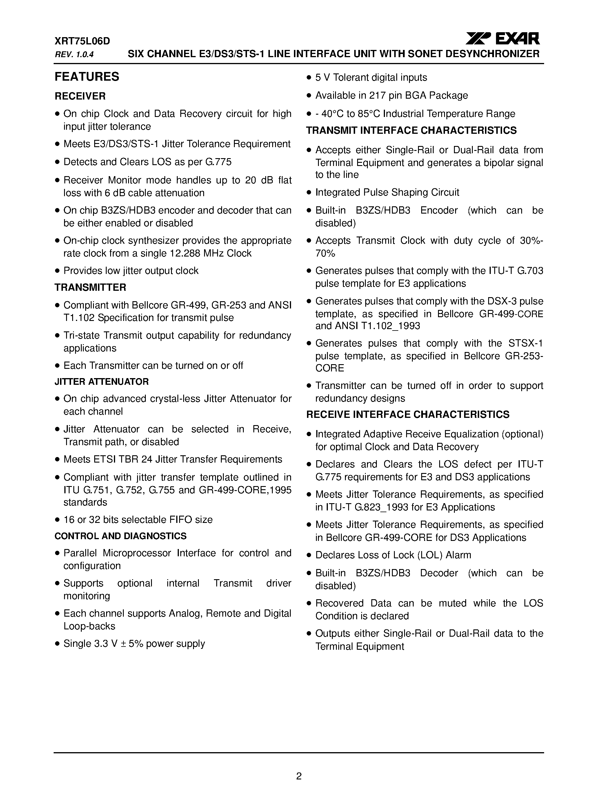 Datasheet XRT75L06D page 2 Datasheet XRT75L06D - SIX CHANNEL E3/DS3/STS-1 LINE INTERFACE UNIT page 2
