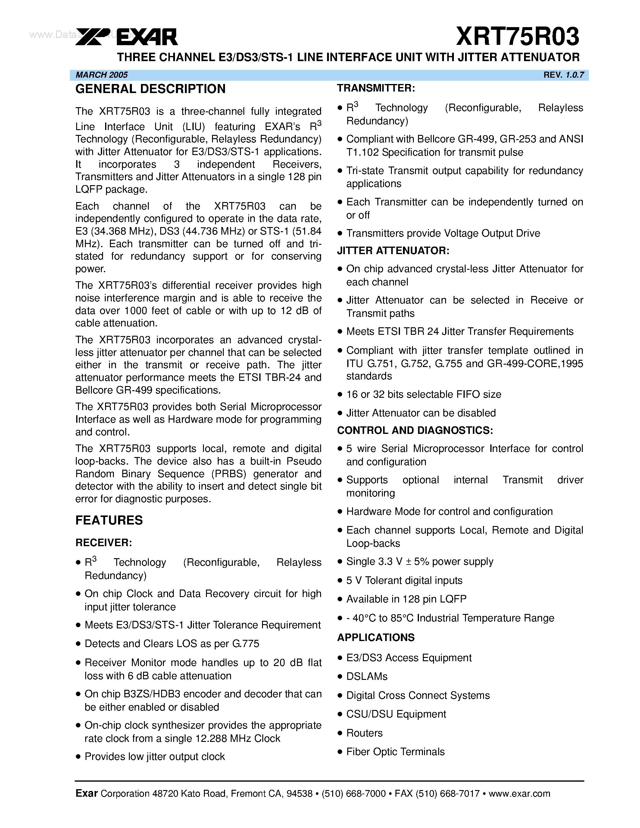 Datasheet XRT75R03 page 1 Datasheet XRT75R03 - THREE CHANNEL E3/DS3/STS-1 LINE INTERFACE UNIT page 1