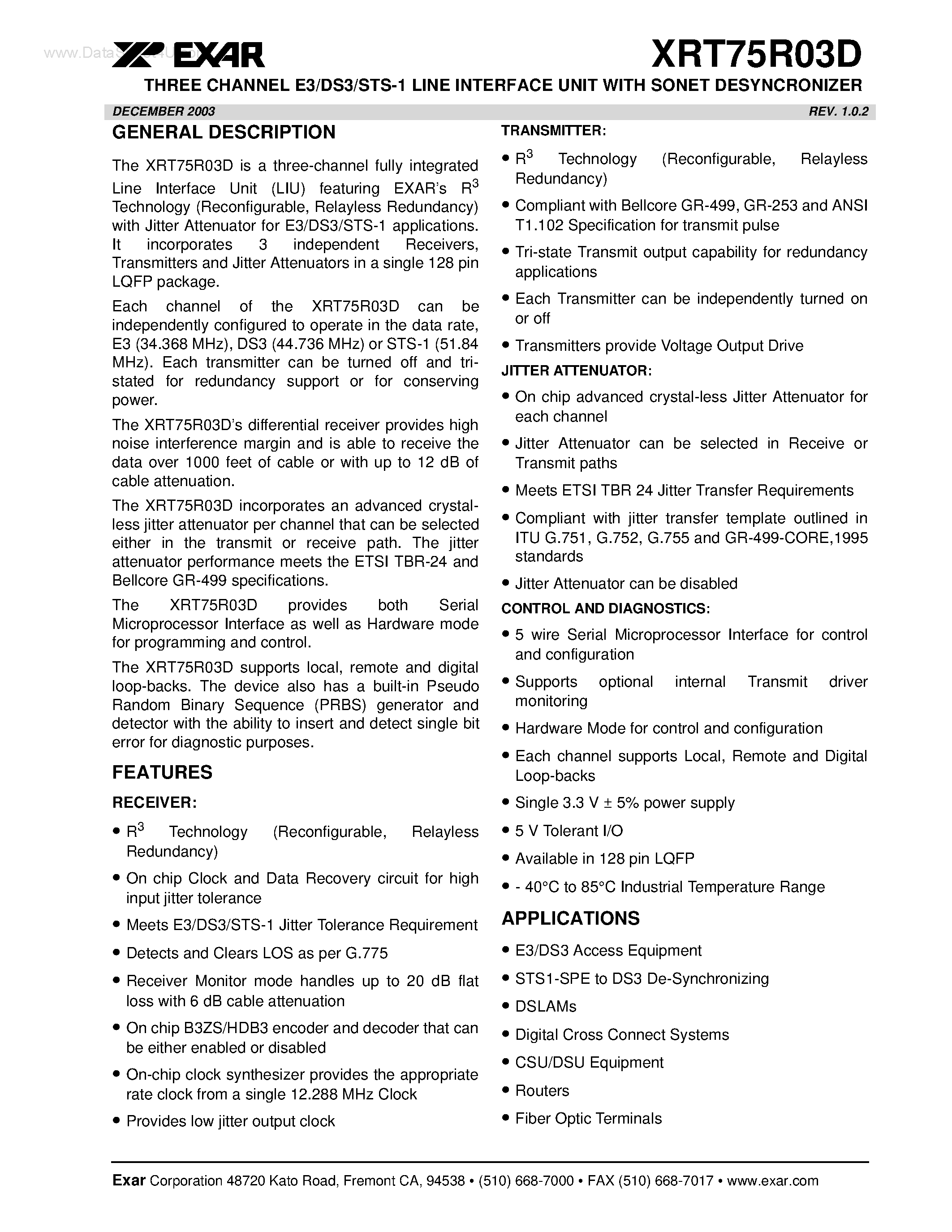 Datasheet XRT75R03D page 1 Datasheet XRT75R03D - THREE CHANNEL E3/DS3/STS-1 LINE INTERFACE UNIT page 1