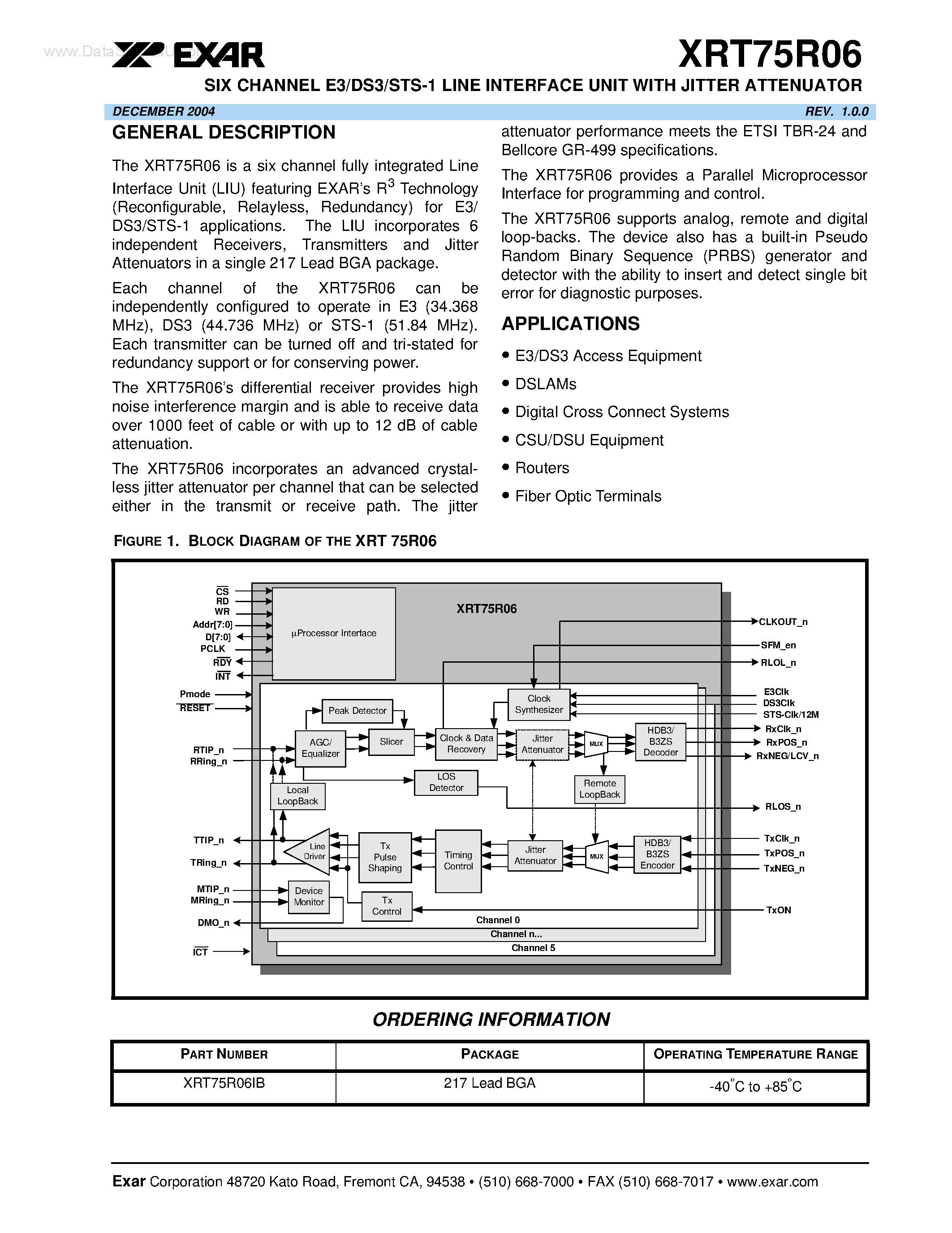 Datasheet XRT75R06 - SIX CHANNEL E3/DS3/STS-1 LINE INTERFACE UNIT page 1