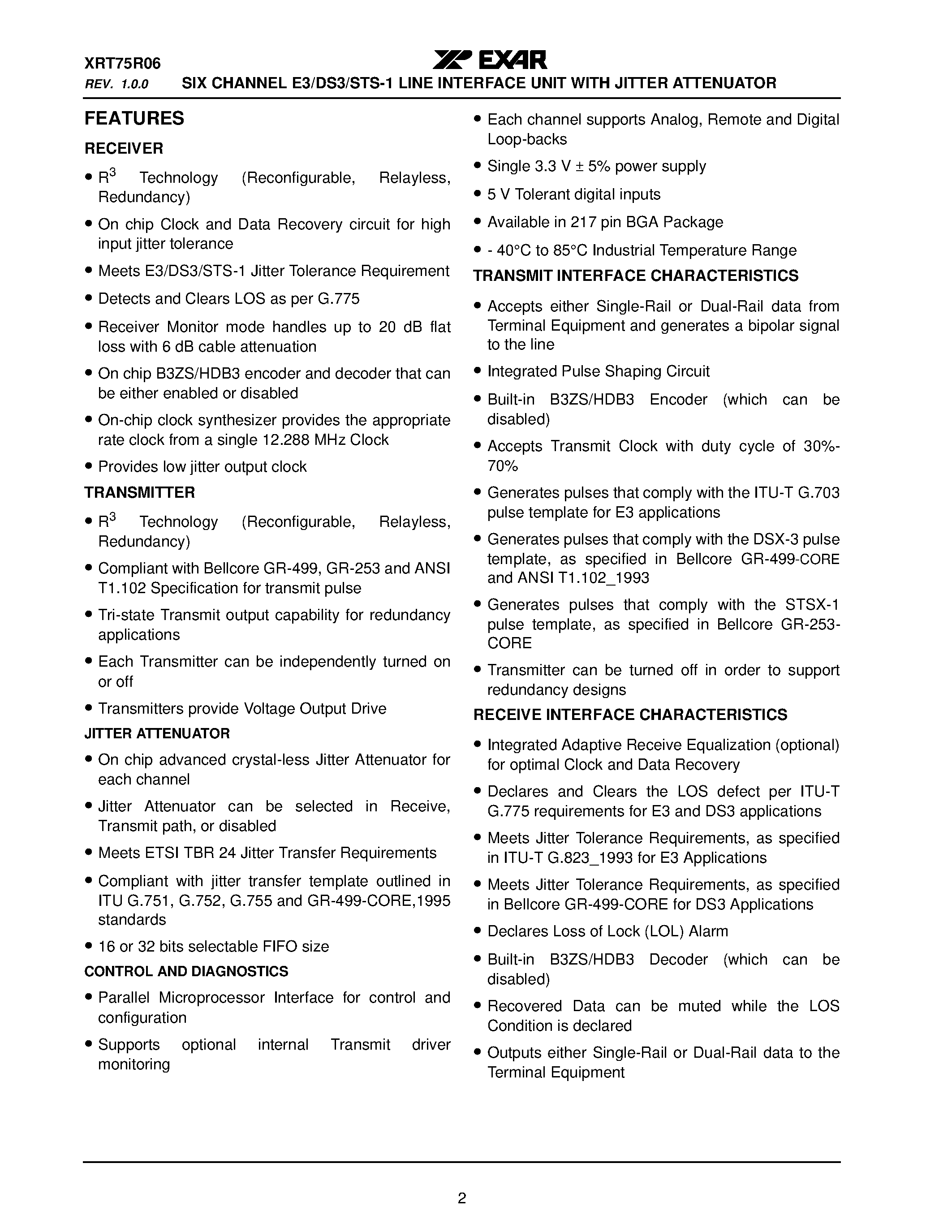 Datasheet XRT75R06 - SIX CHANNEL E3/DS3/STS-1 LINE INTERFACE UNIT page 2