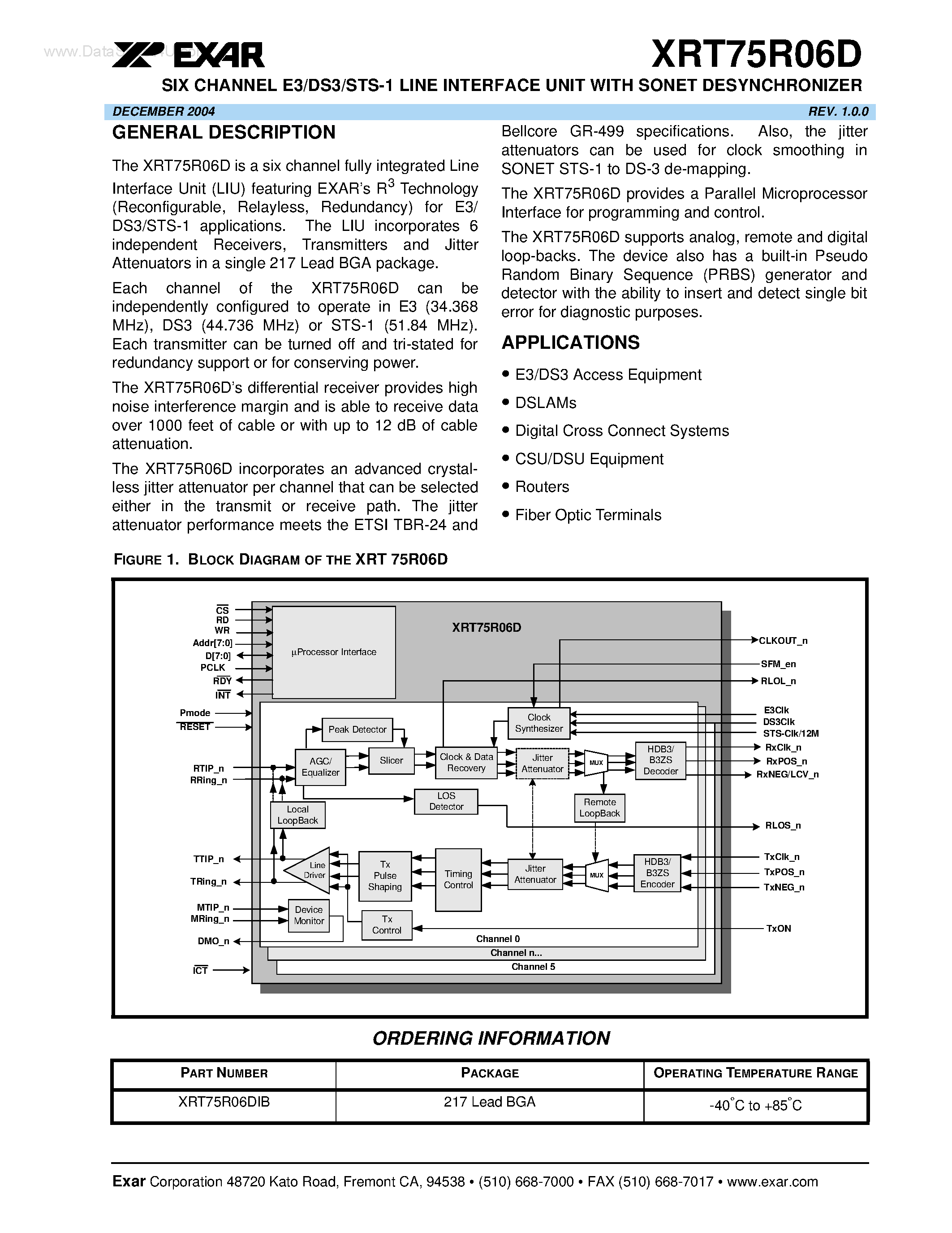 Datasheet XRT75R06D page 1 Datasheet XRT75R06D - SIX CHANNEL E3/DS3/STS-1 LINE INTERFACE UNIT page 1
