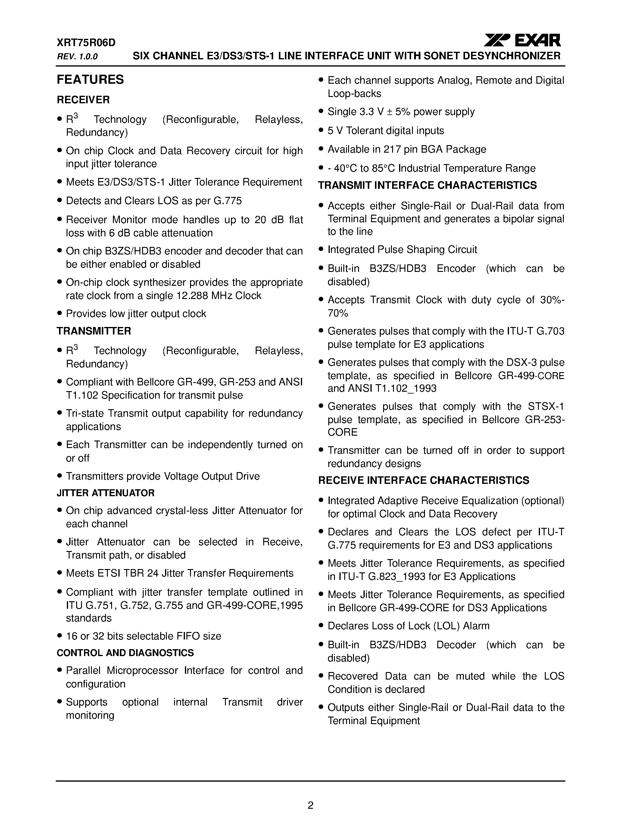 Datasheet XRT75R06D - SIX CHANNEL E3/DS3/STS-1 LINE INTERFACE UNIT page 2